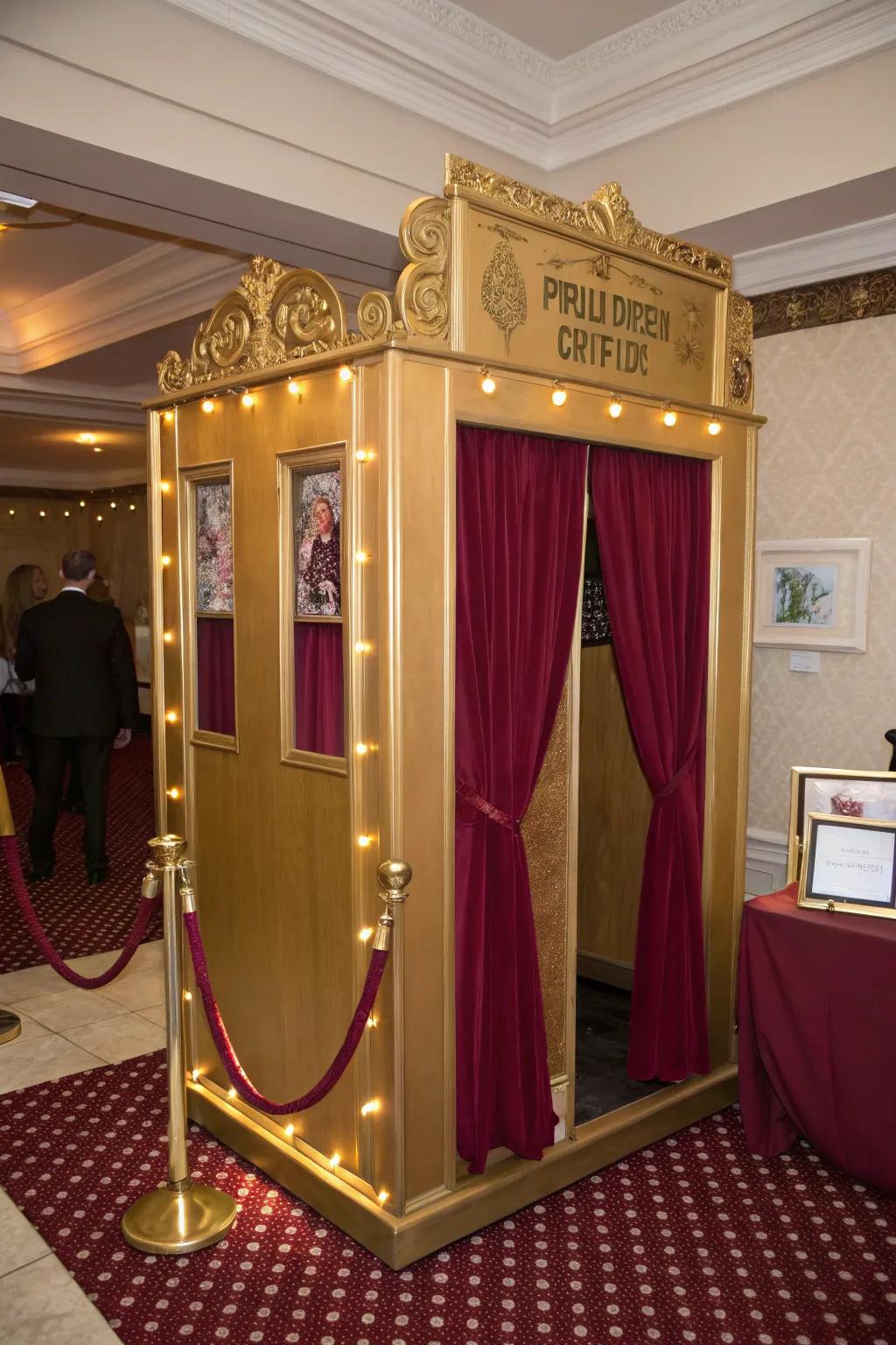 A gilded photo spot with claret accents offers fun photo opportunities.