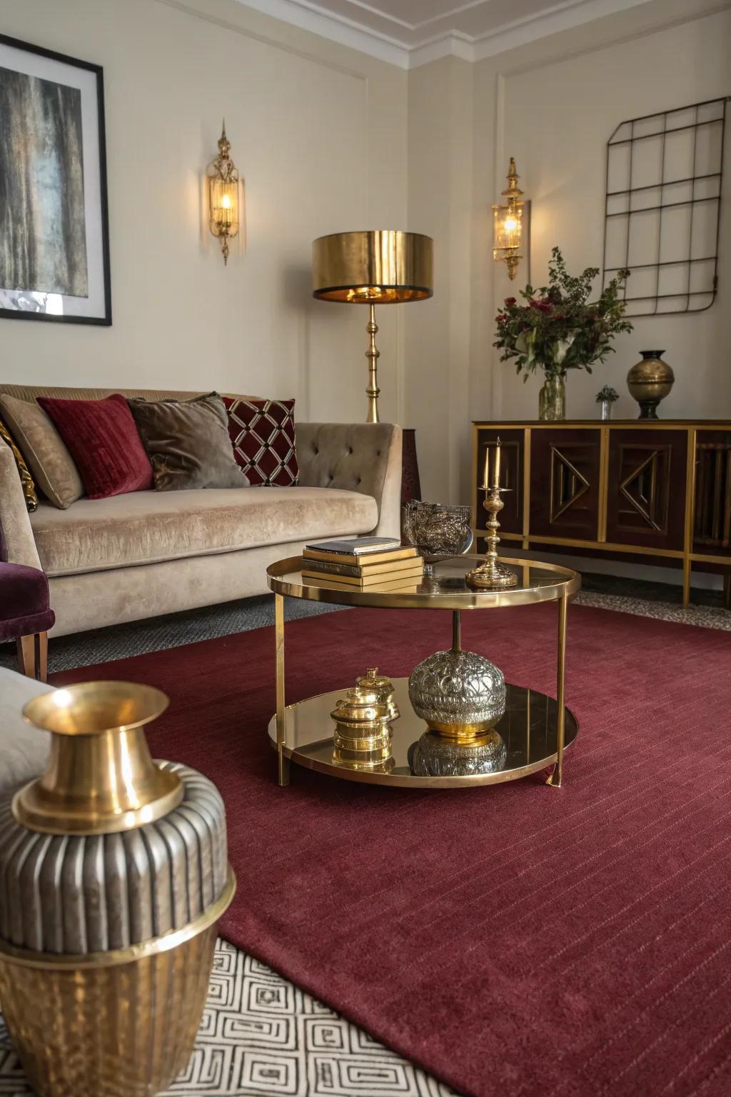 Metallic highlights incorporate a hint of glamour to a deep red floor covering.