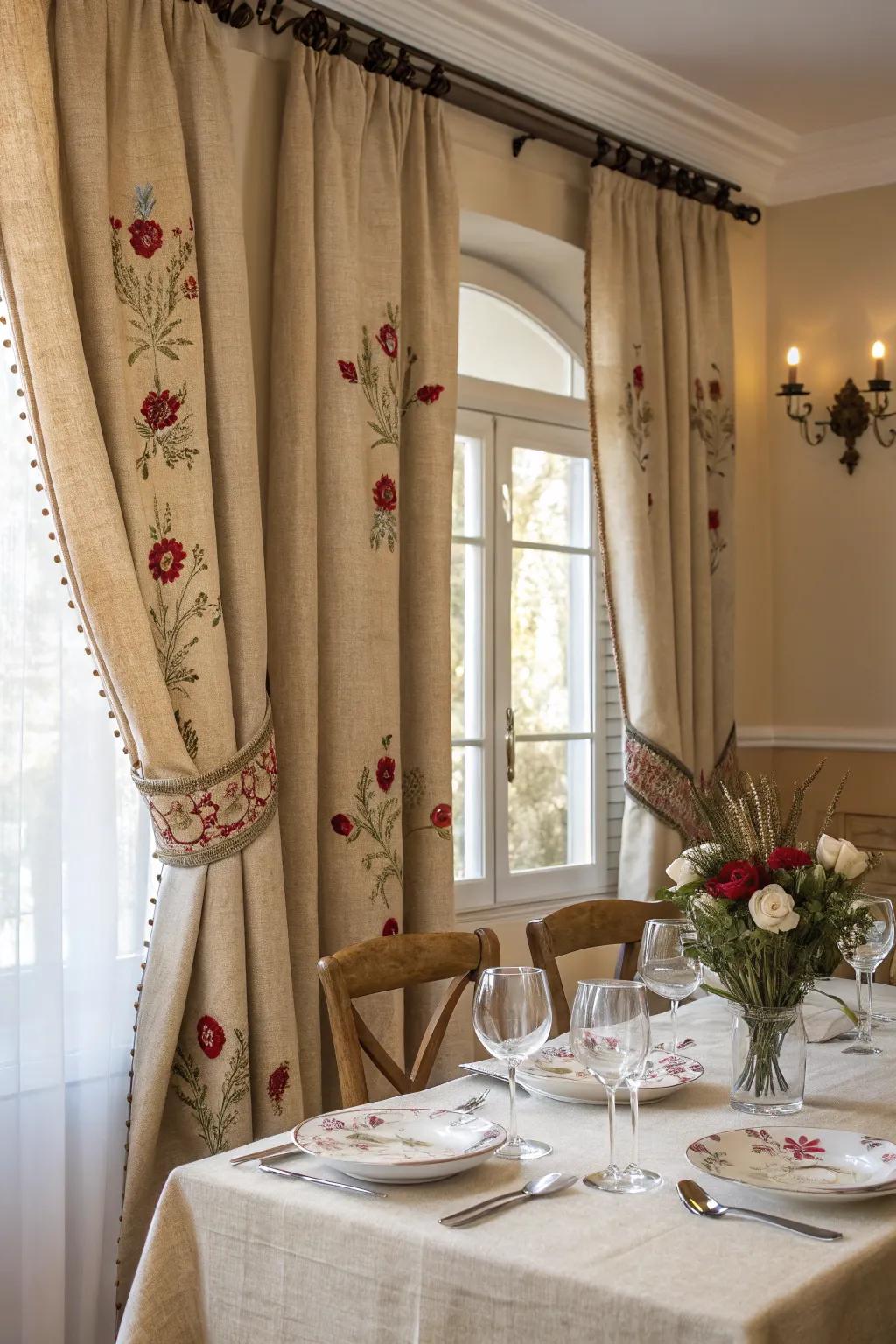 Individual charm through embroidered material window coverings.