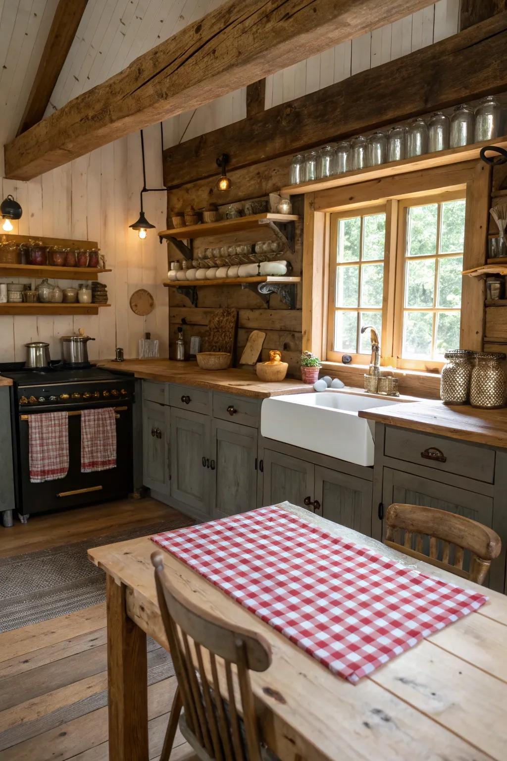 Brass hardware introduces a subtle elegance to a cabin cooking space.