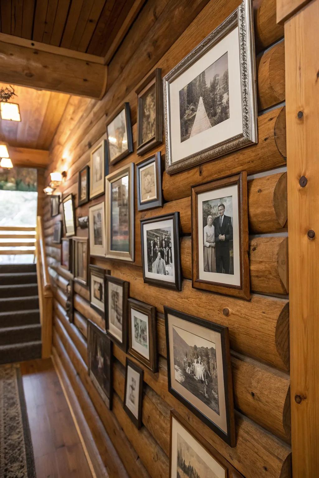 A personal gallery wall featuring family photos in a cozy cabin.
