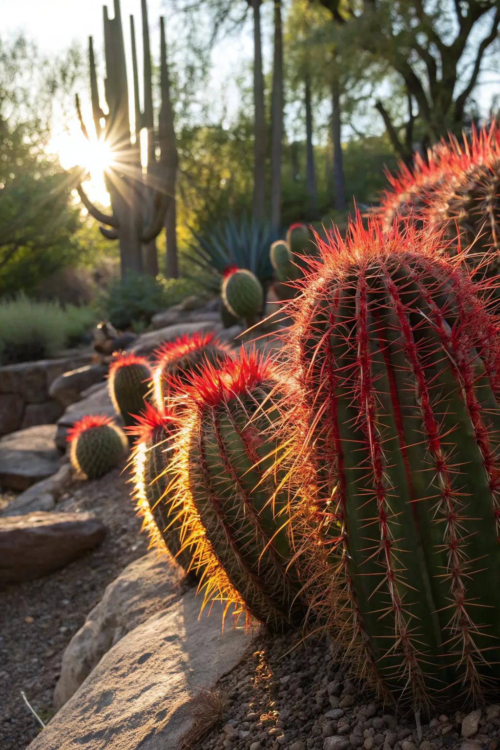 Cacti spines glowing in the sunlight, creating a magical effect.