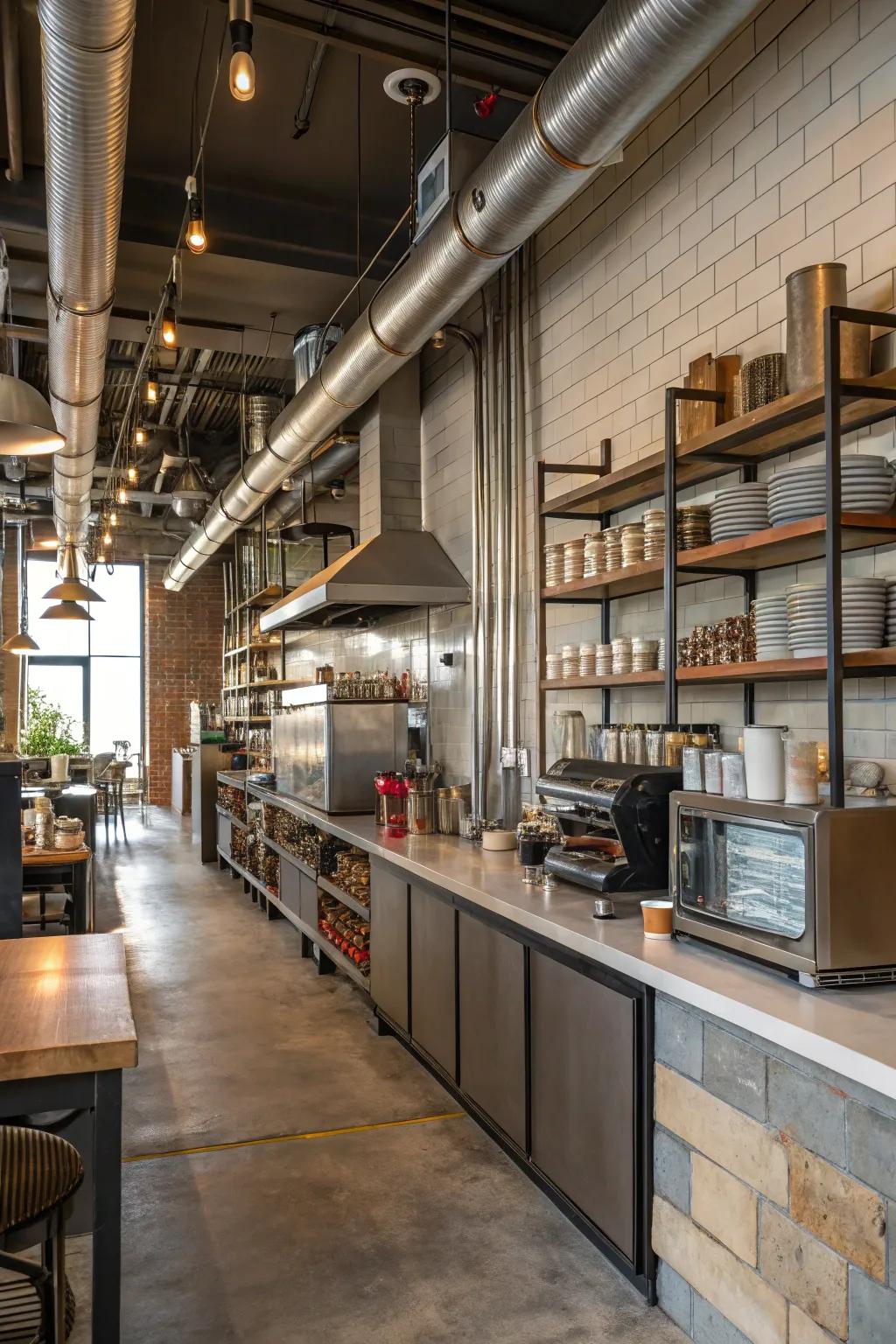Industrial accents infusing a contemporary border to a cafe cooking space.