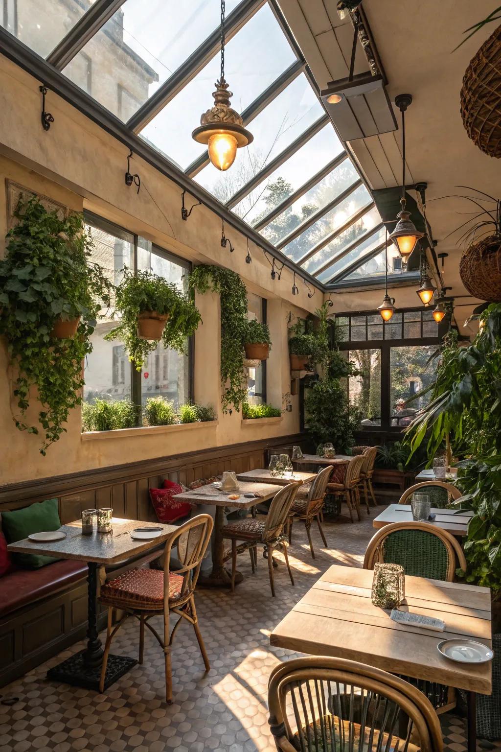 A cafe space illuminated with natural light coming from thoughtfully installed skylights.