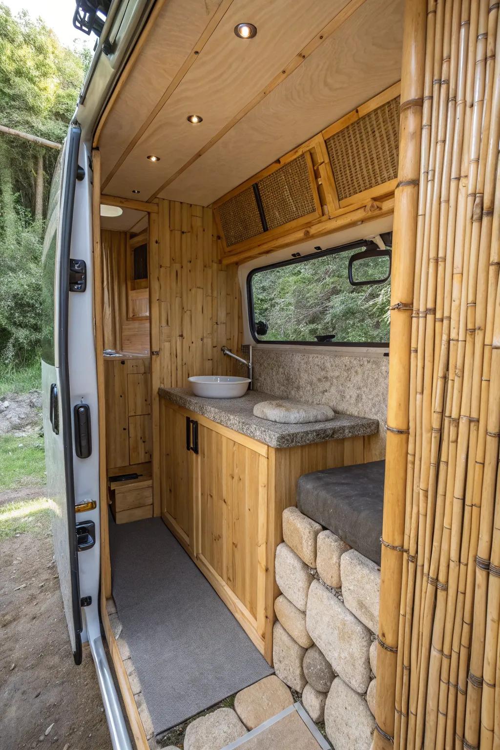 A tranquil mobile home washroom including bamboo and stone materials.