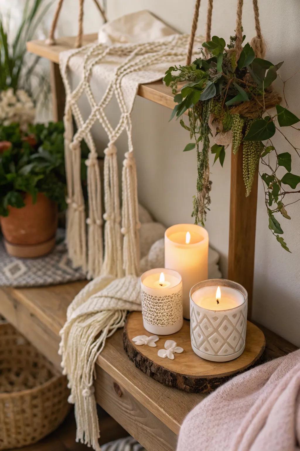 Macramé and candles work together to achieve a bohemian vibe.