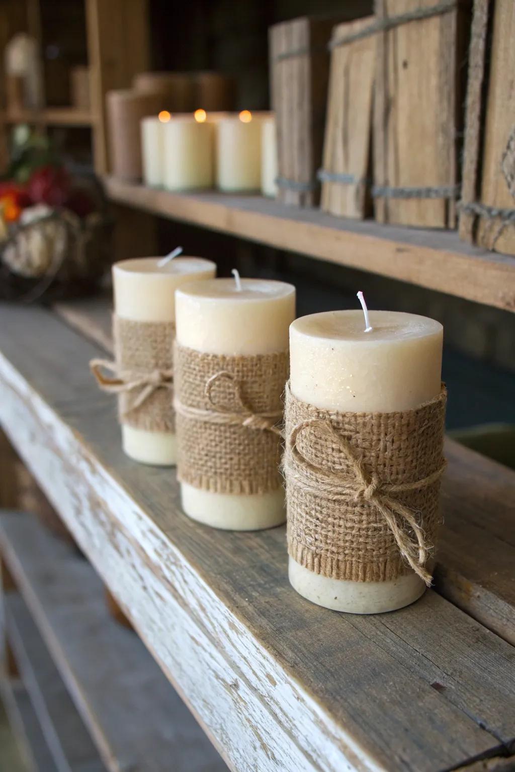 Countryside warmth through rough cloth-enclosed candles.