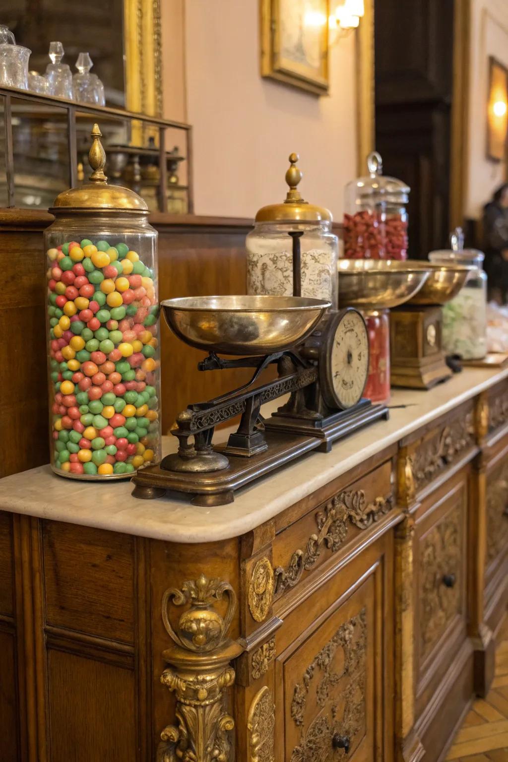 Vintage vibes with nostalgic elements in a sweets display.