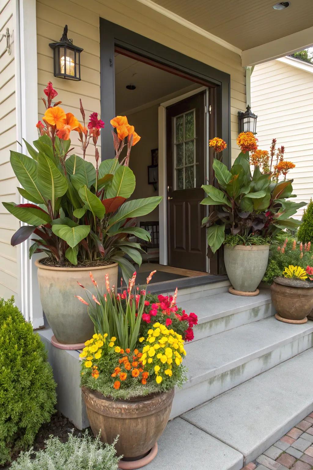 By creating canna lily potscapes, you can create an inviting doorway.
