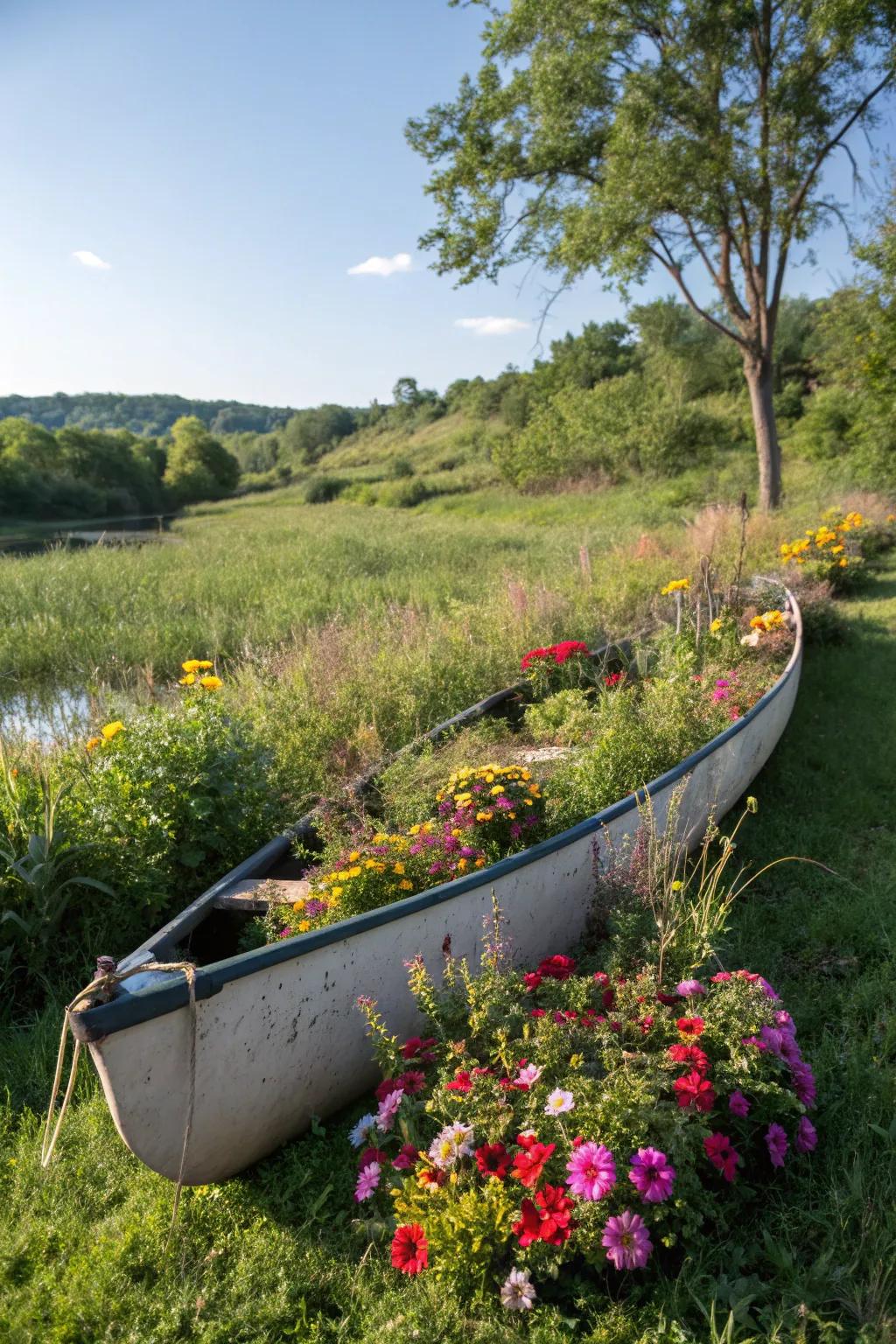 Wildflowers in a watercraft planter create a meadow-like charm.