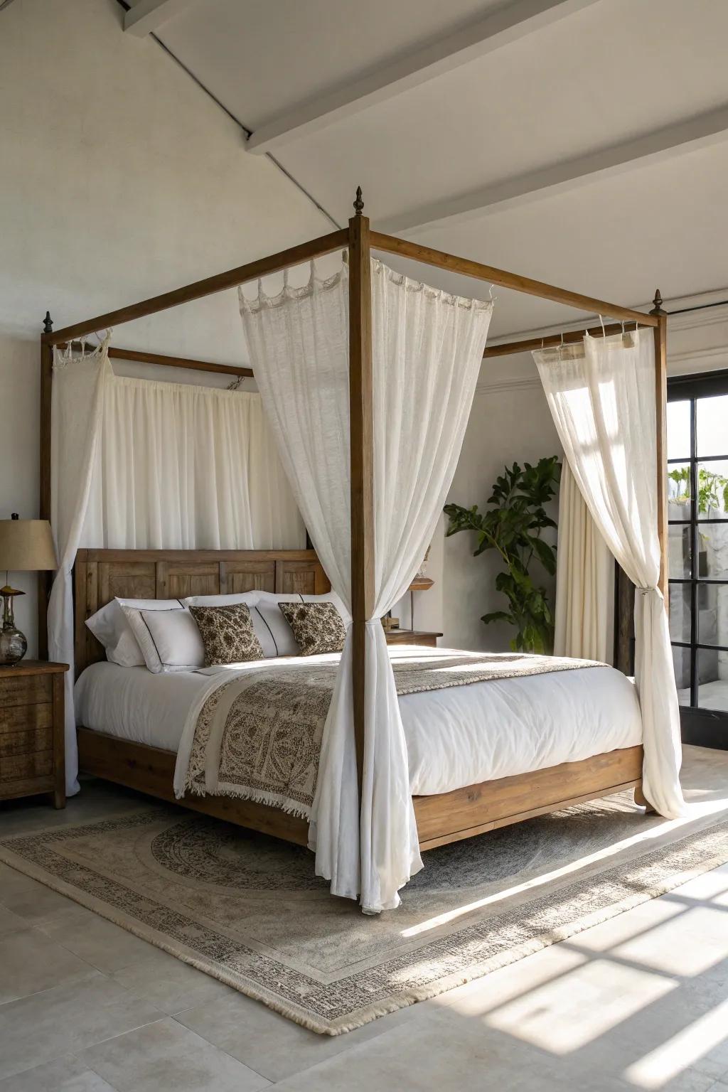 A four-poster bed doubles as a stylish room partition in a studio.