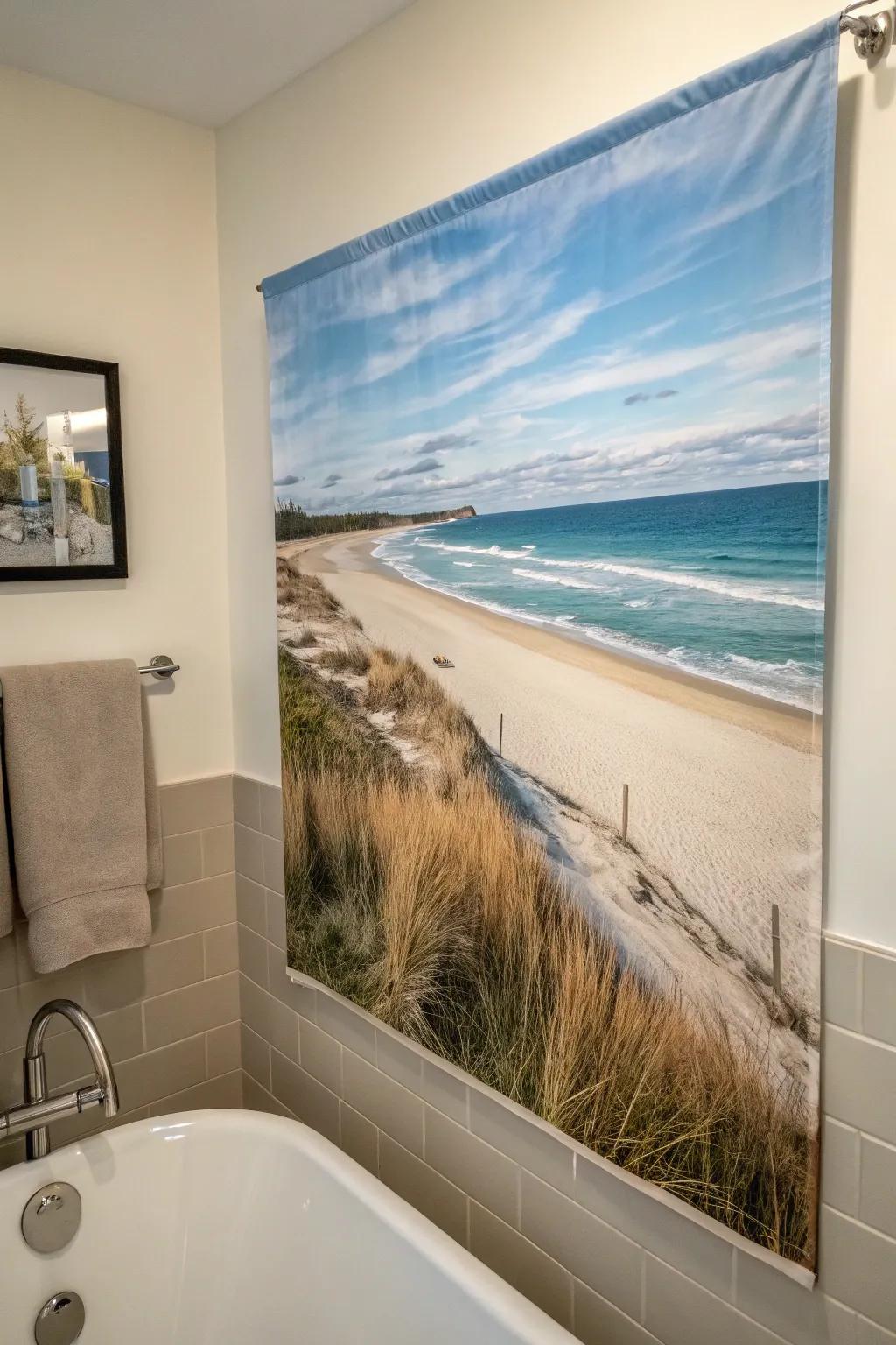 Coastal painting in a tranquil bathroom