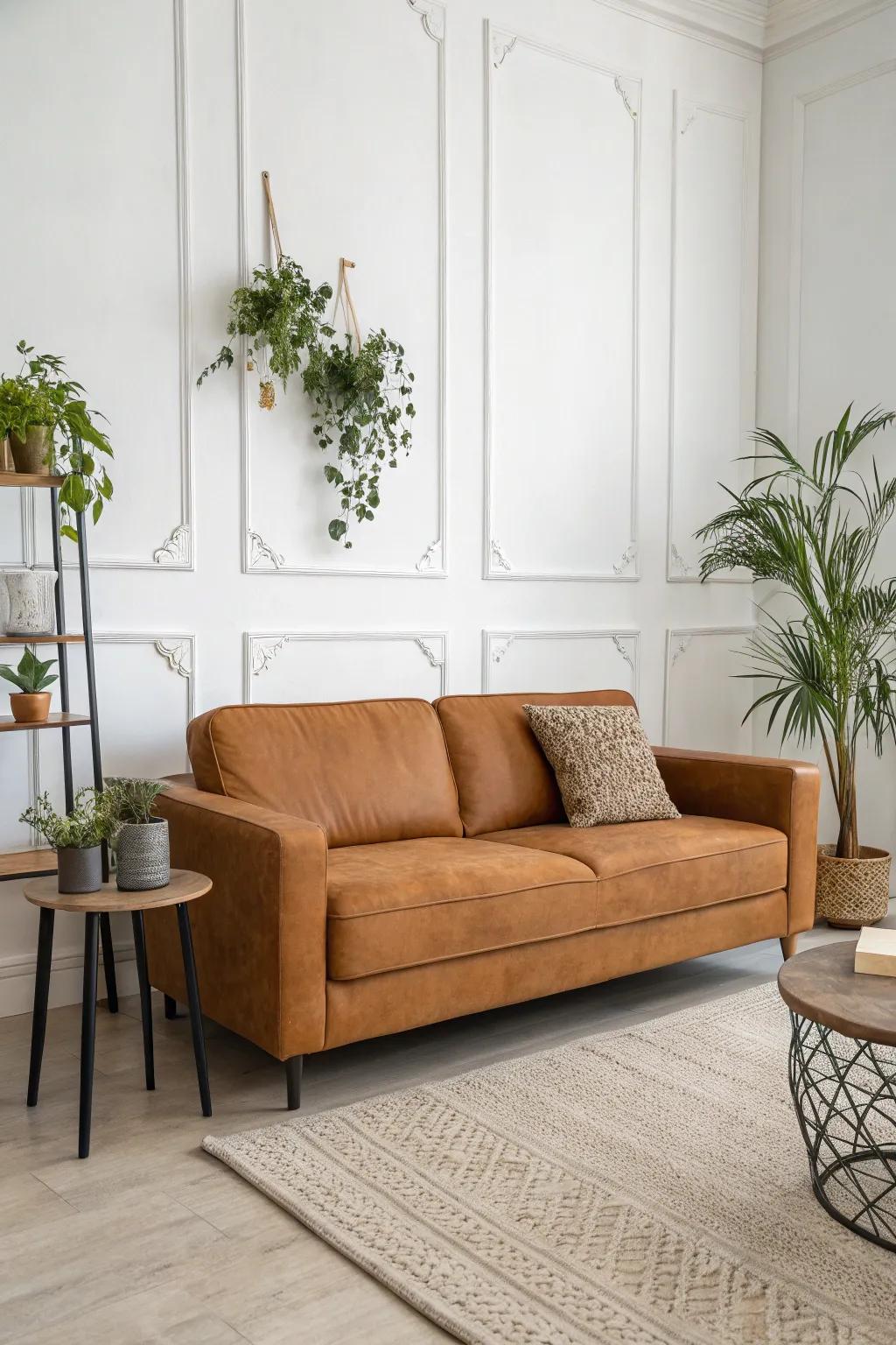 Minimalist decor highlights the beauty of a butterscotch sofa.