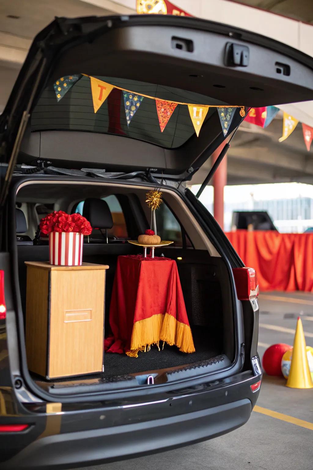 A captivating ringmaster's stage, commanding attention at the trunk-or-treat gathering.