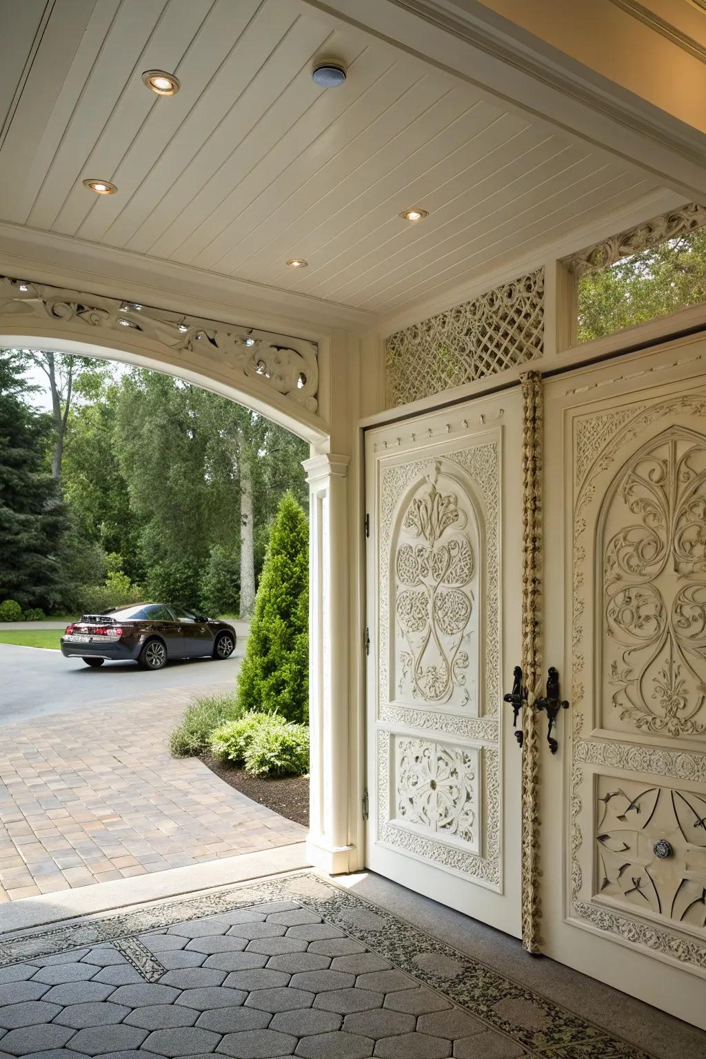 A carport with textured door finishes that is both elegant and detailed.