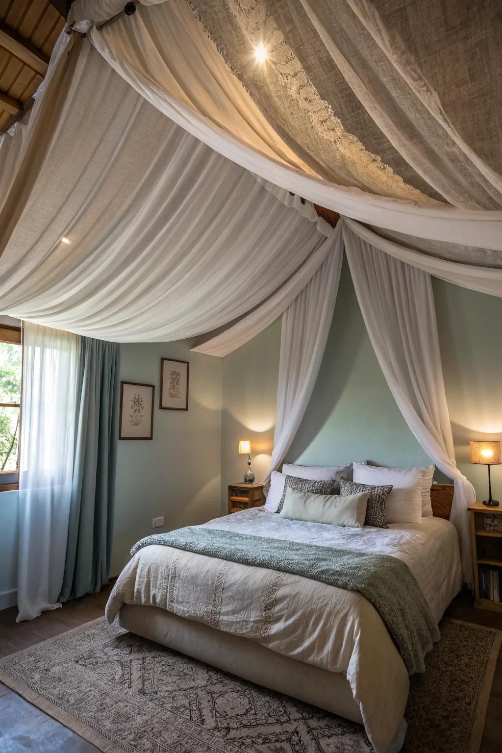 A bedroom detailed with draped fabric forming a comforting, inviting space.
