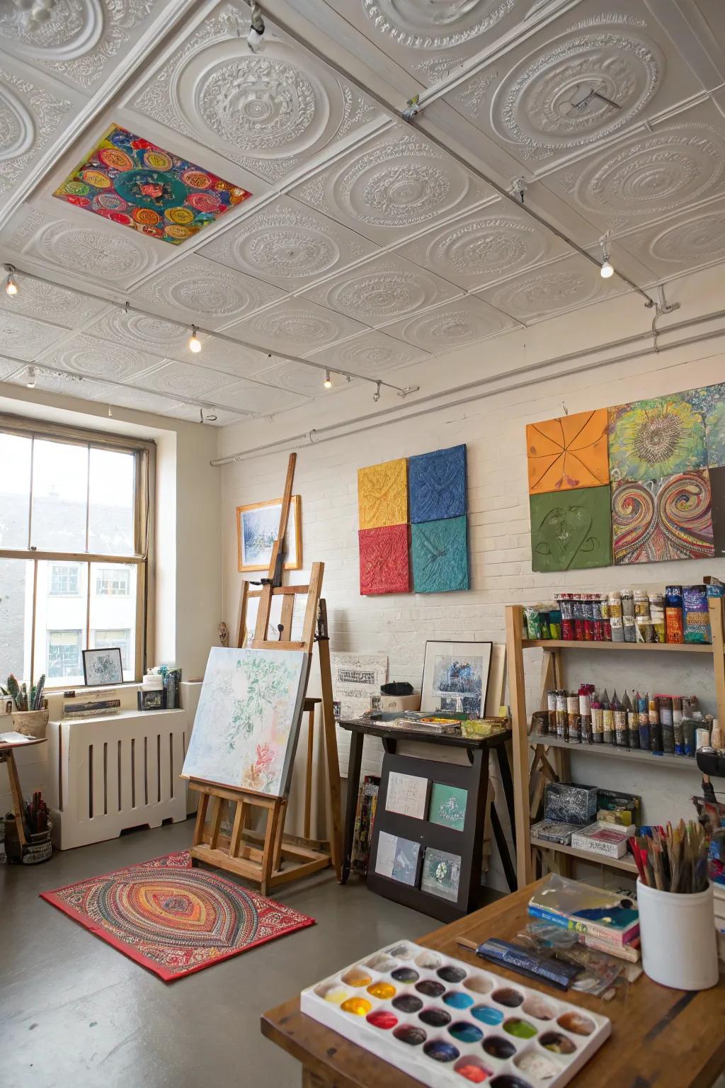 An artist's studio featuring customizable ceiling squares for personalization.
