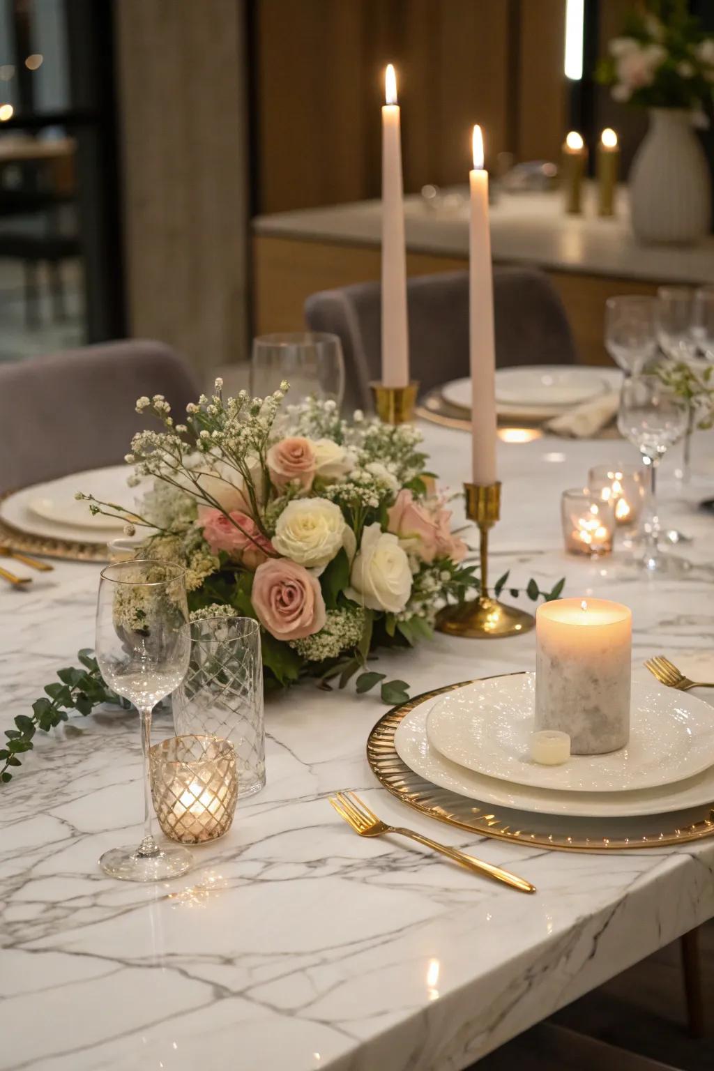 Refined luxury using a marble slab centerpiece base.