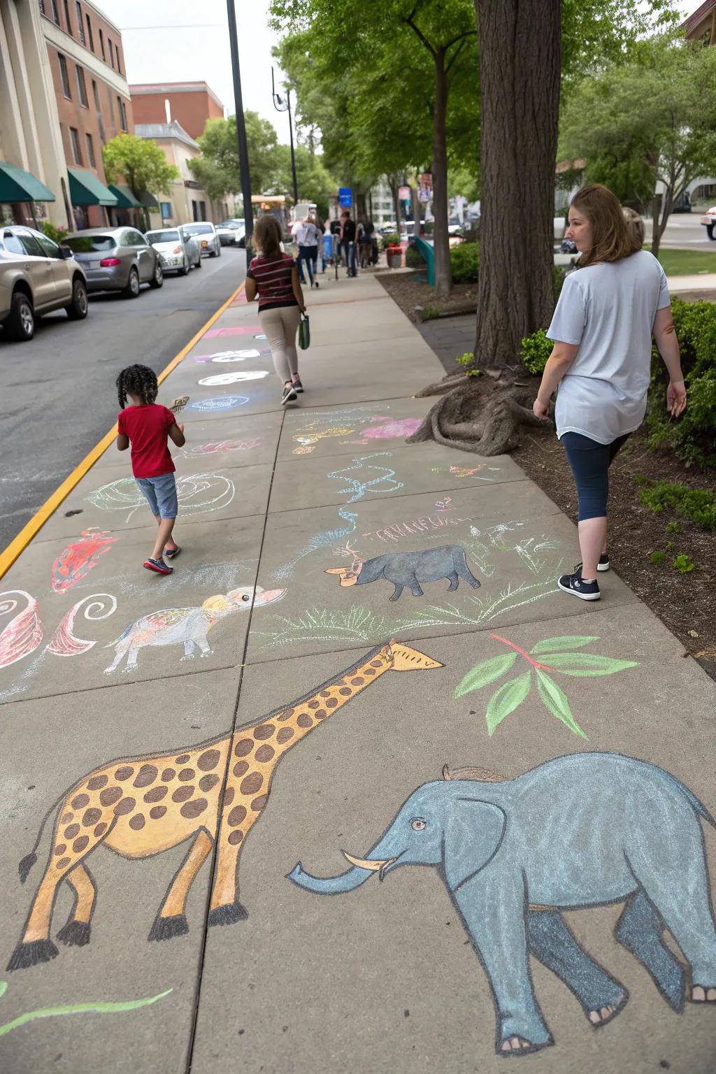 A lively zoo scene sketched in chalk, showing multiple animals.