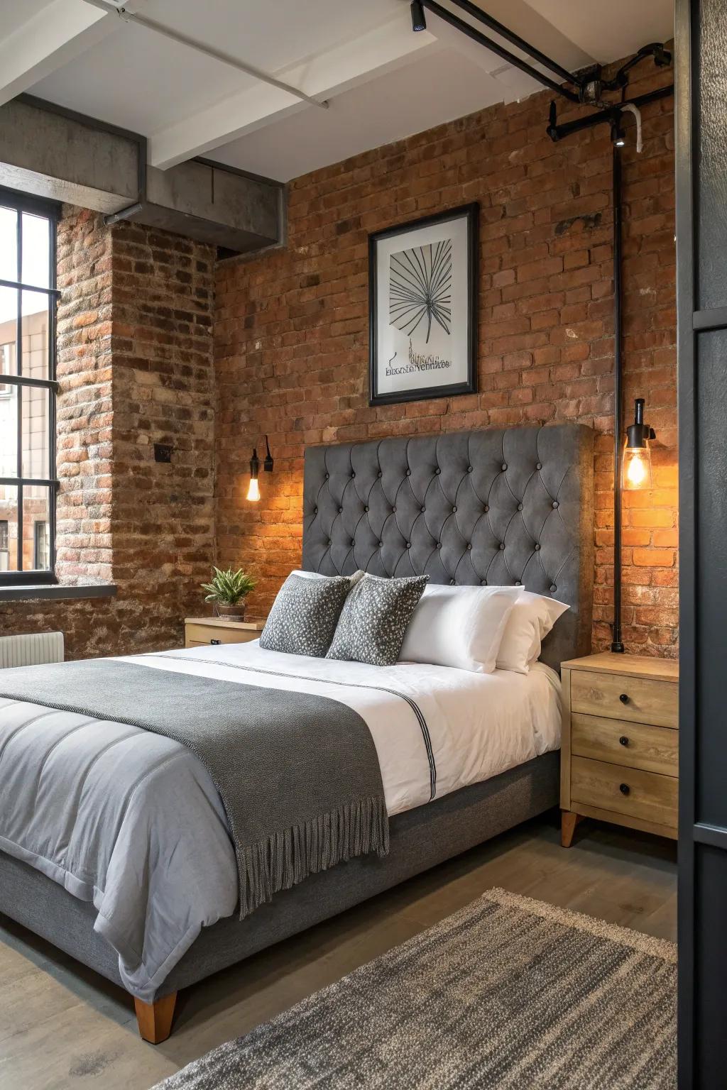 Urban components round out the edgy visual of a dark slate grey headboard.
