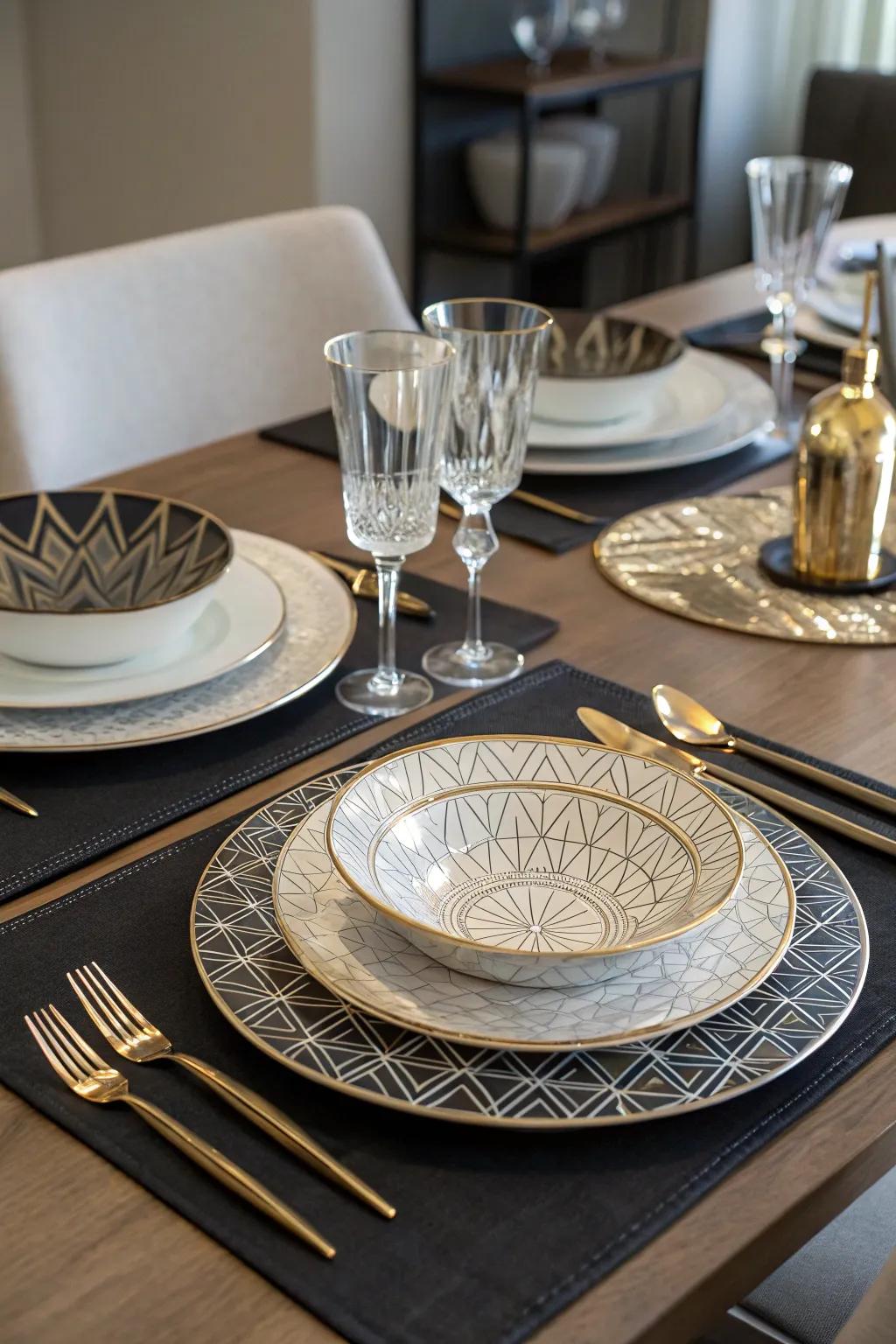 For a sophisticated and fashionable table setting, use Art Deco charger plates.