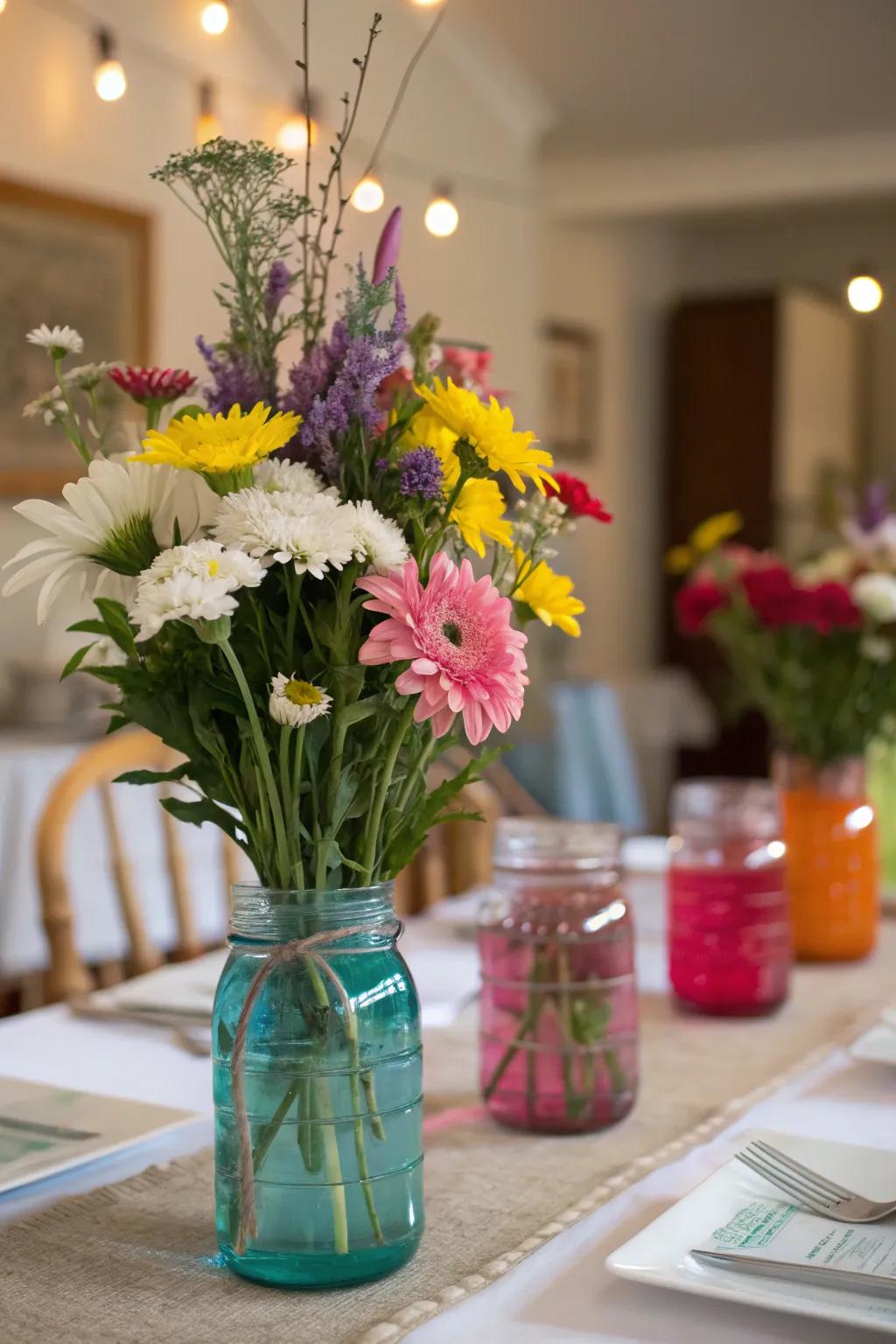 Colorful jars adding a vibrant touch.