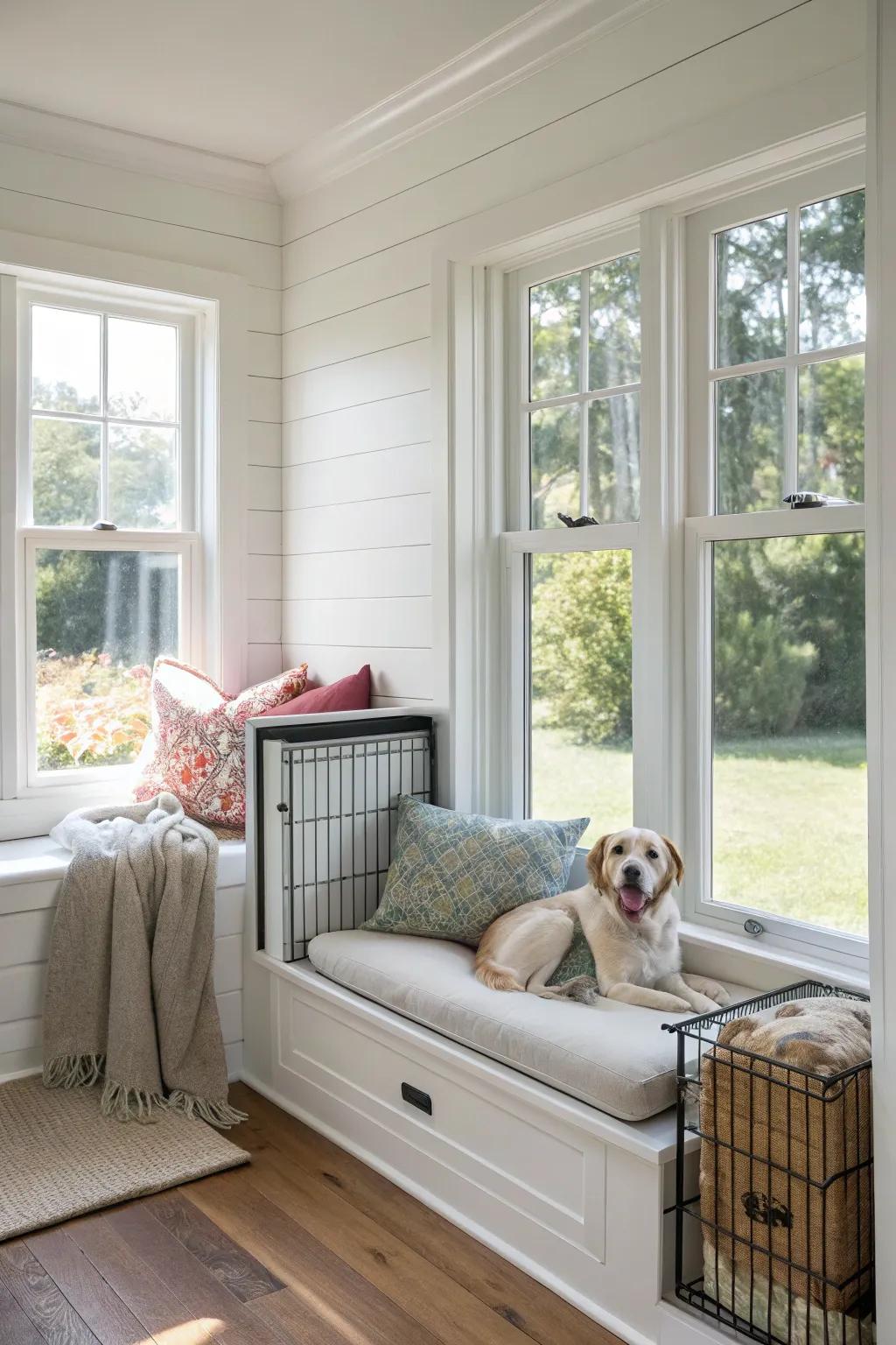 A window seat that can also be used as a cozy kennel.