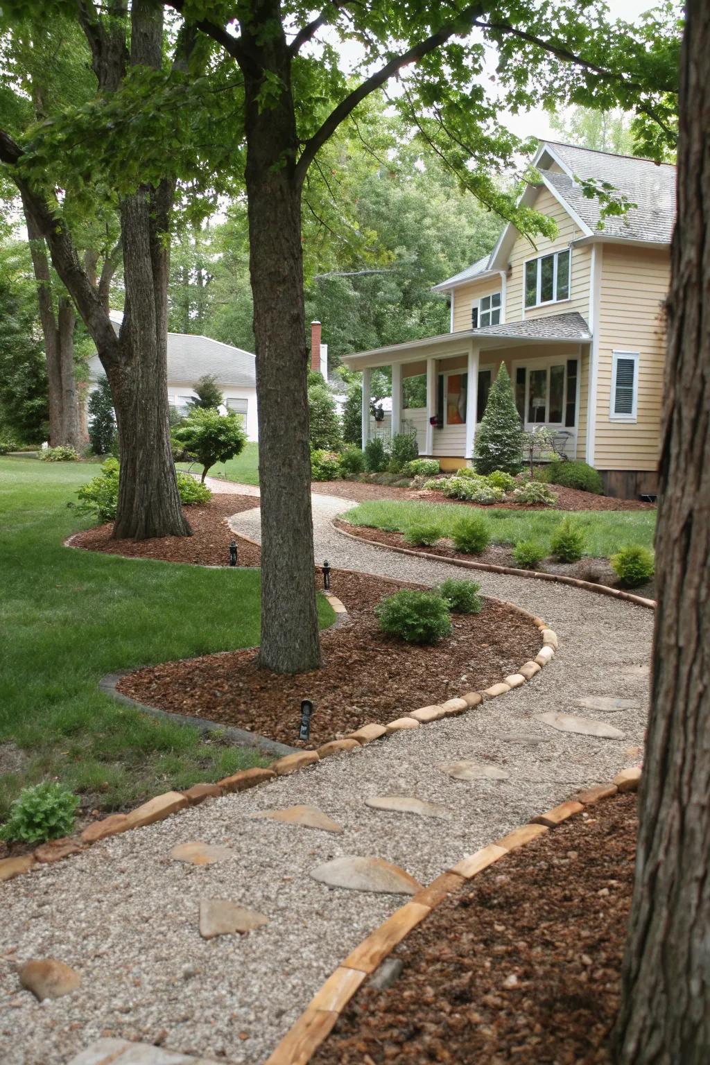 Crushed stone and ground cover are low-maintenance and enhance your yard's texture.