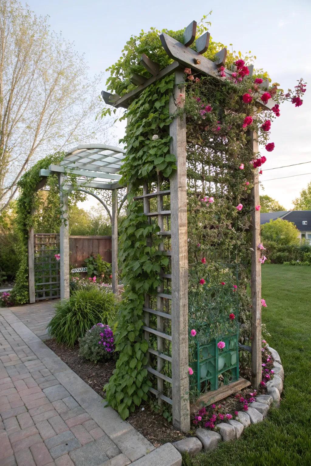 A recycled trellis offers eco-friendly privacy with a personal touch.