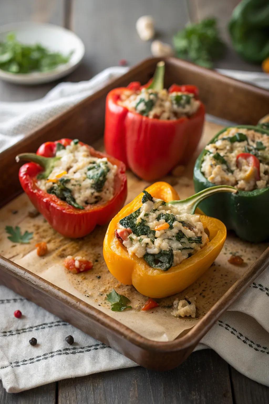 Chicken and spinach stuffed peppers, a colorful and satisfying dish.