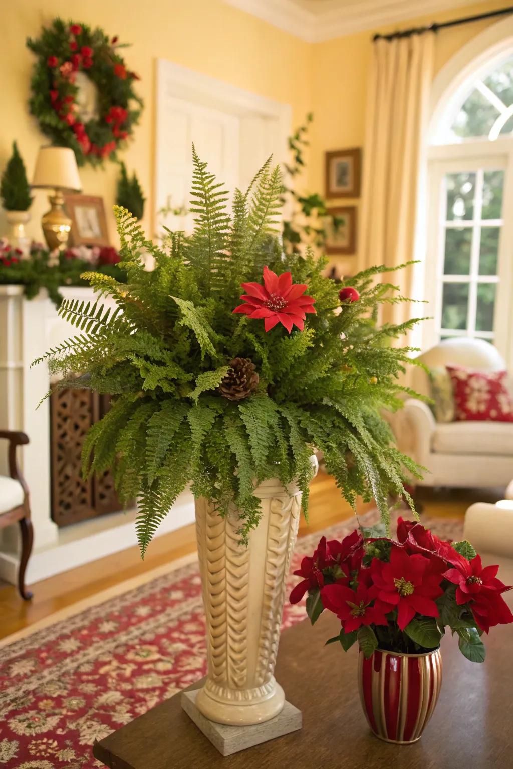 Leafy greens bring exclusive texture to traditional holiday arrangements.