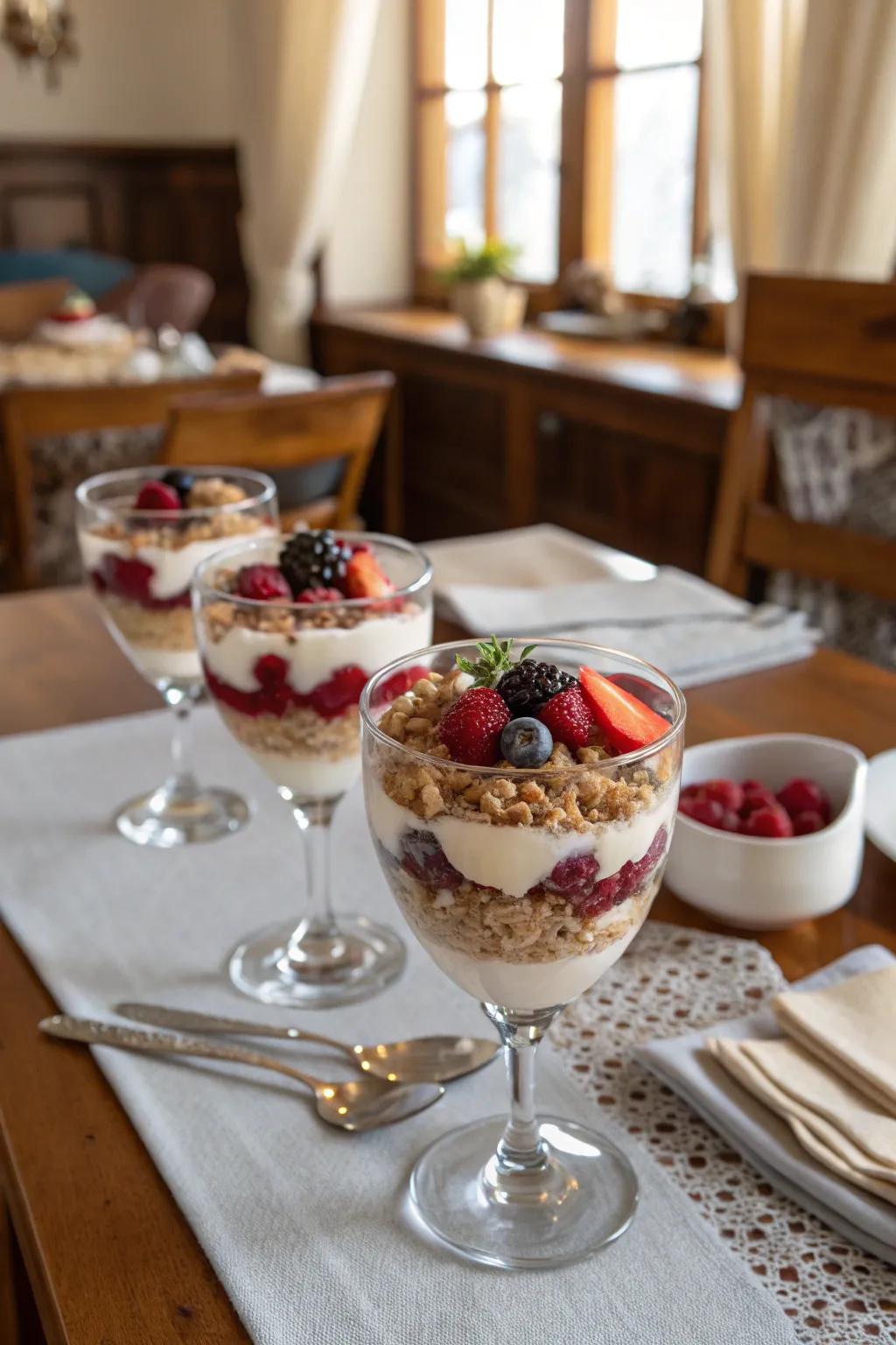 Layered fruit parfaits to be served as a healthy holiday indulgence.