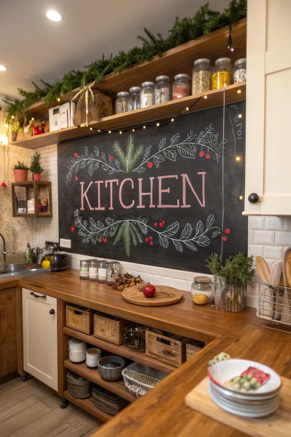 A chalkboard exhibiting a celebratory message conveys interactive cheer into the cooking area.