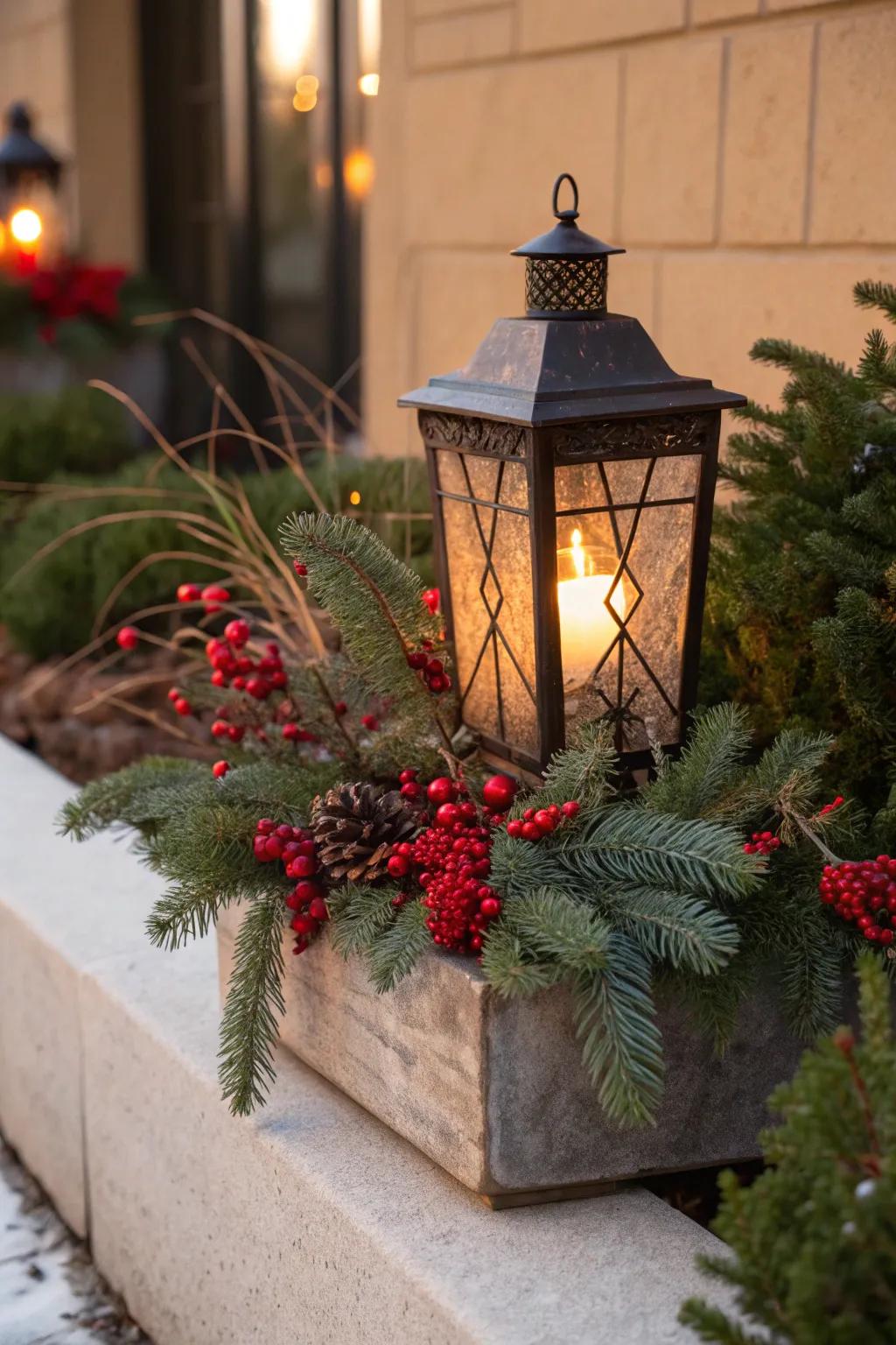 Lanterns contribute illumination and charm to festive arrangements.