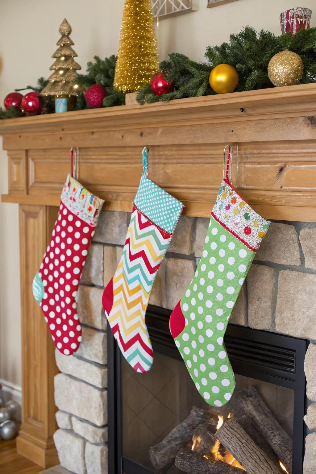 Playful patterns such as dotted designs inject whimsy into festive stockings.