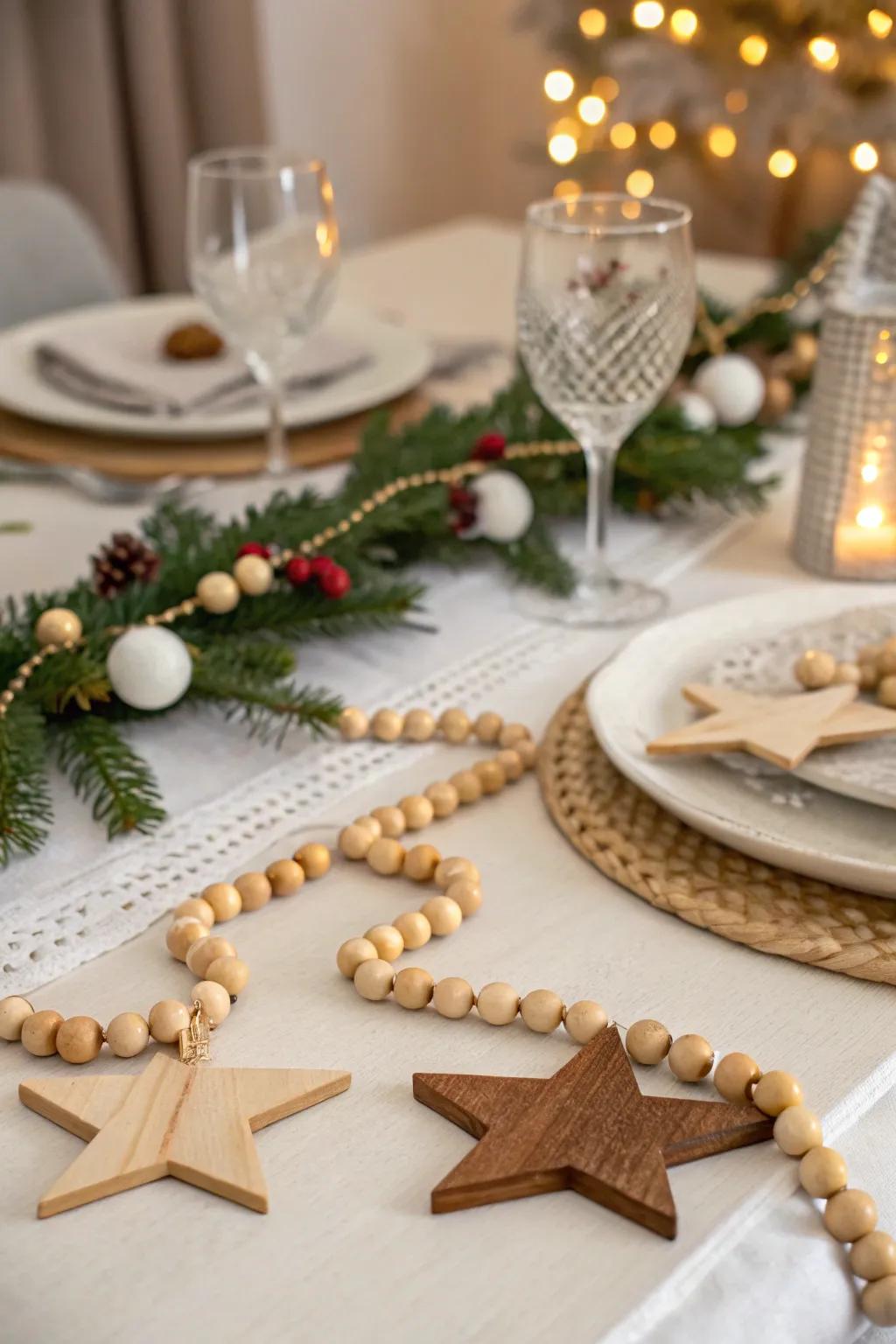 Wooden beads introduce a rustic, handmade detail to the table.