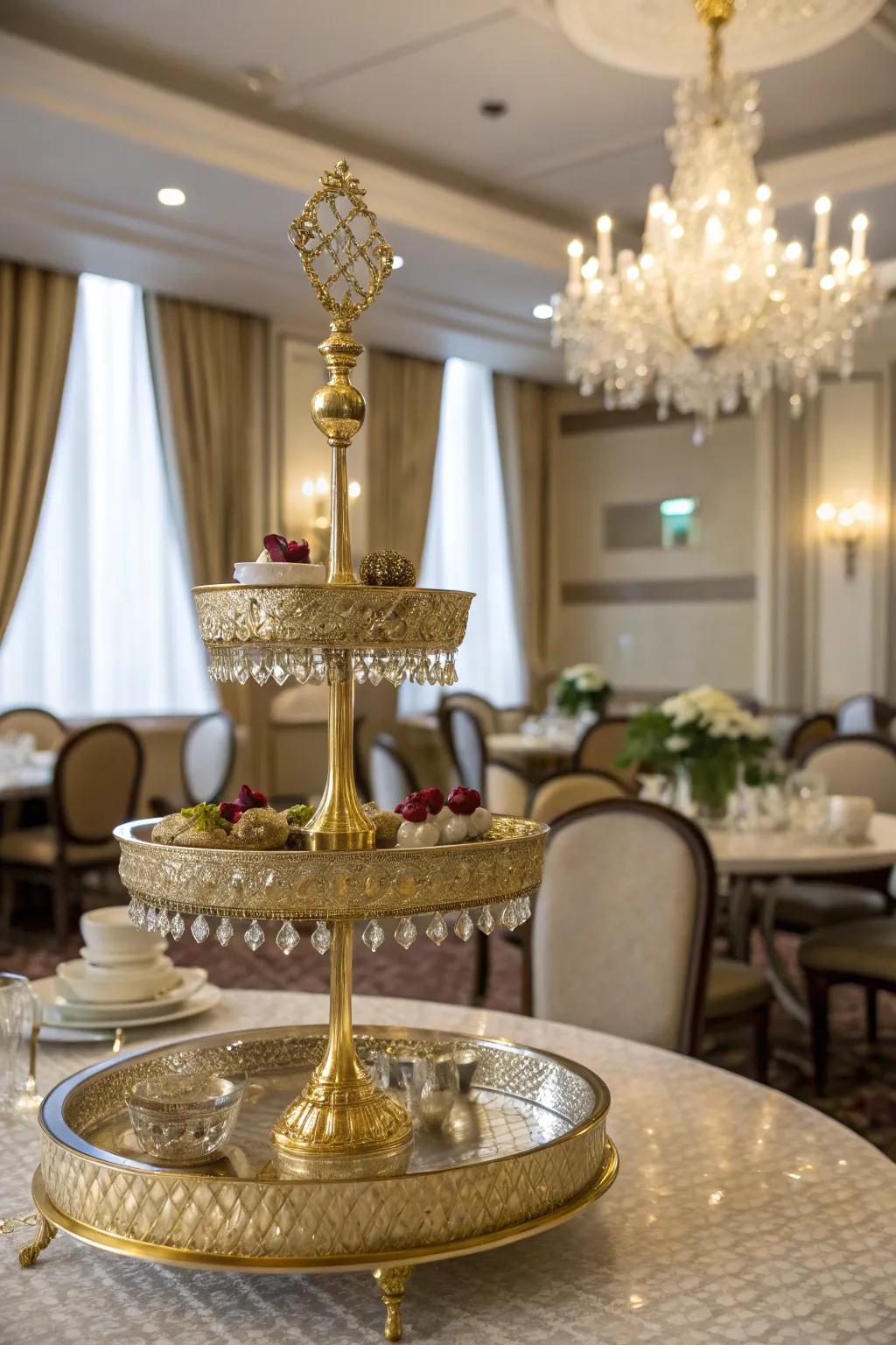 Dazzling gilded accents add opulence to this multi-level display.