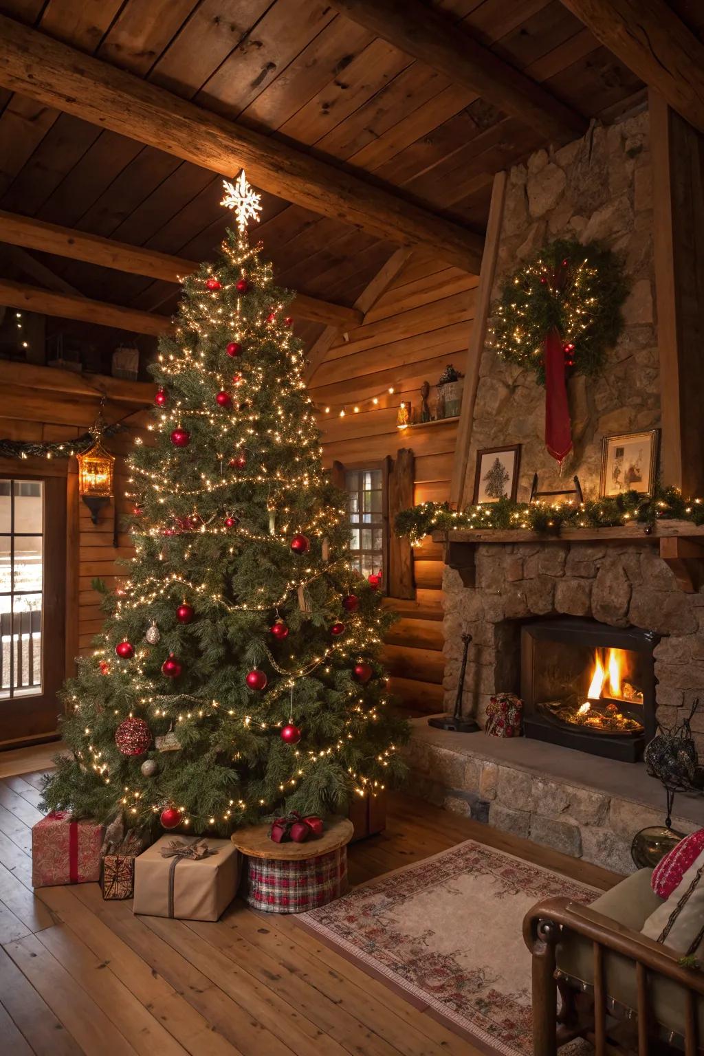 An inviting Christmas tree showcasing country elements and string lights, fashioning a warm and welcoming holiday atmosphere.