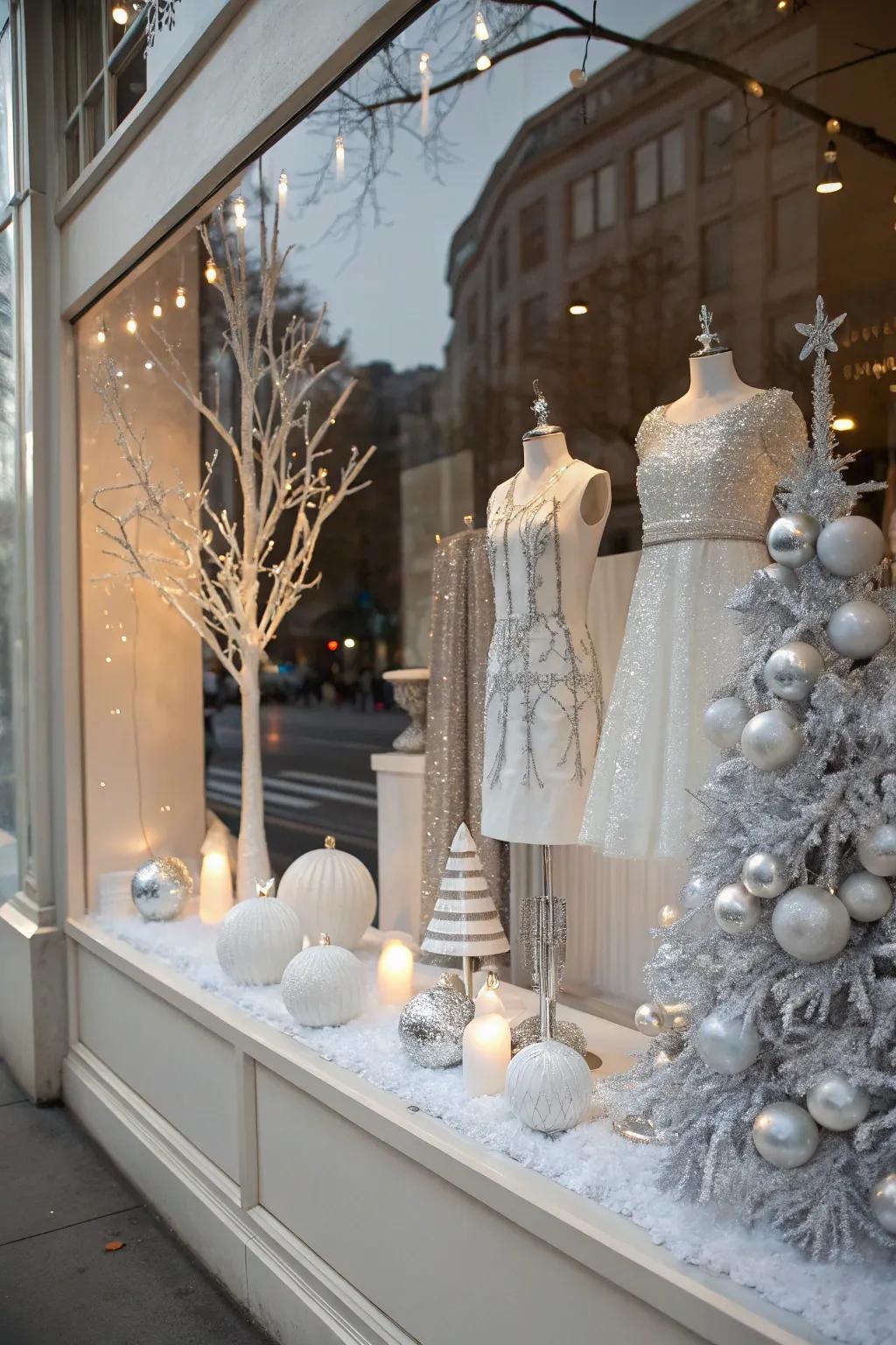 A monochrome amalgamation of ivory and argent conceives a chic window exhibition.