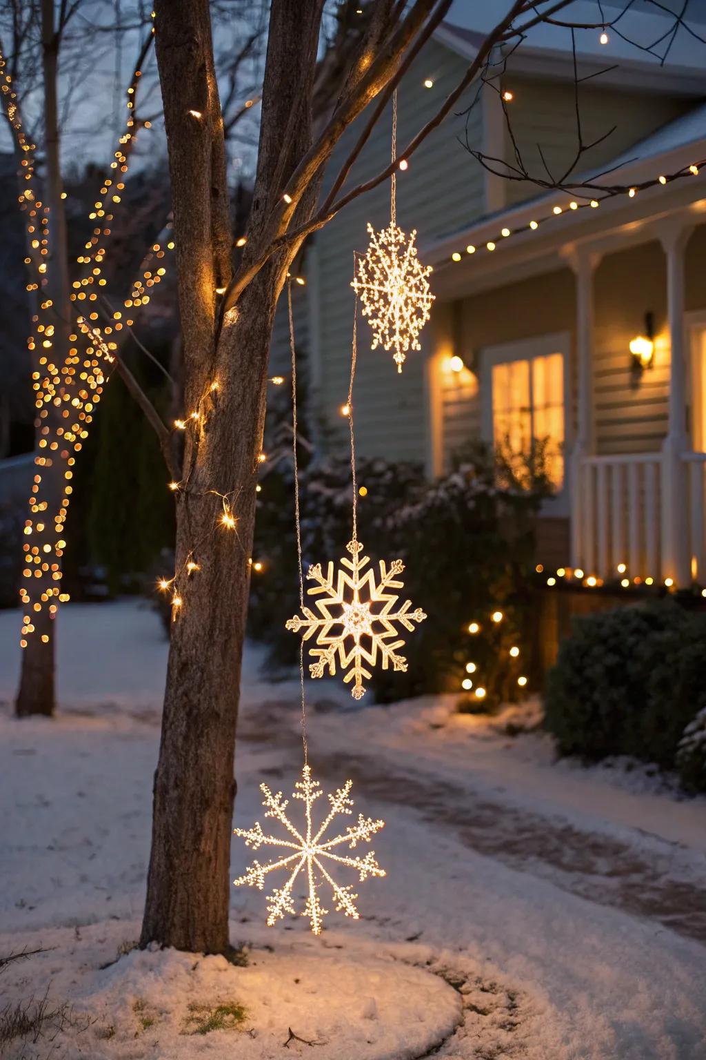 Lighted snowflake decorations hanging elegantly from trees.