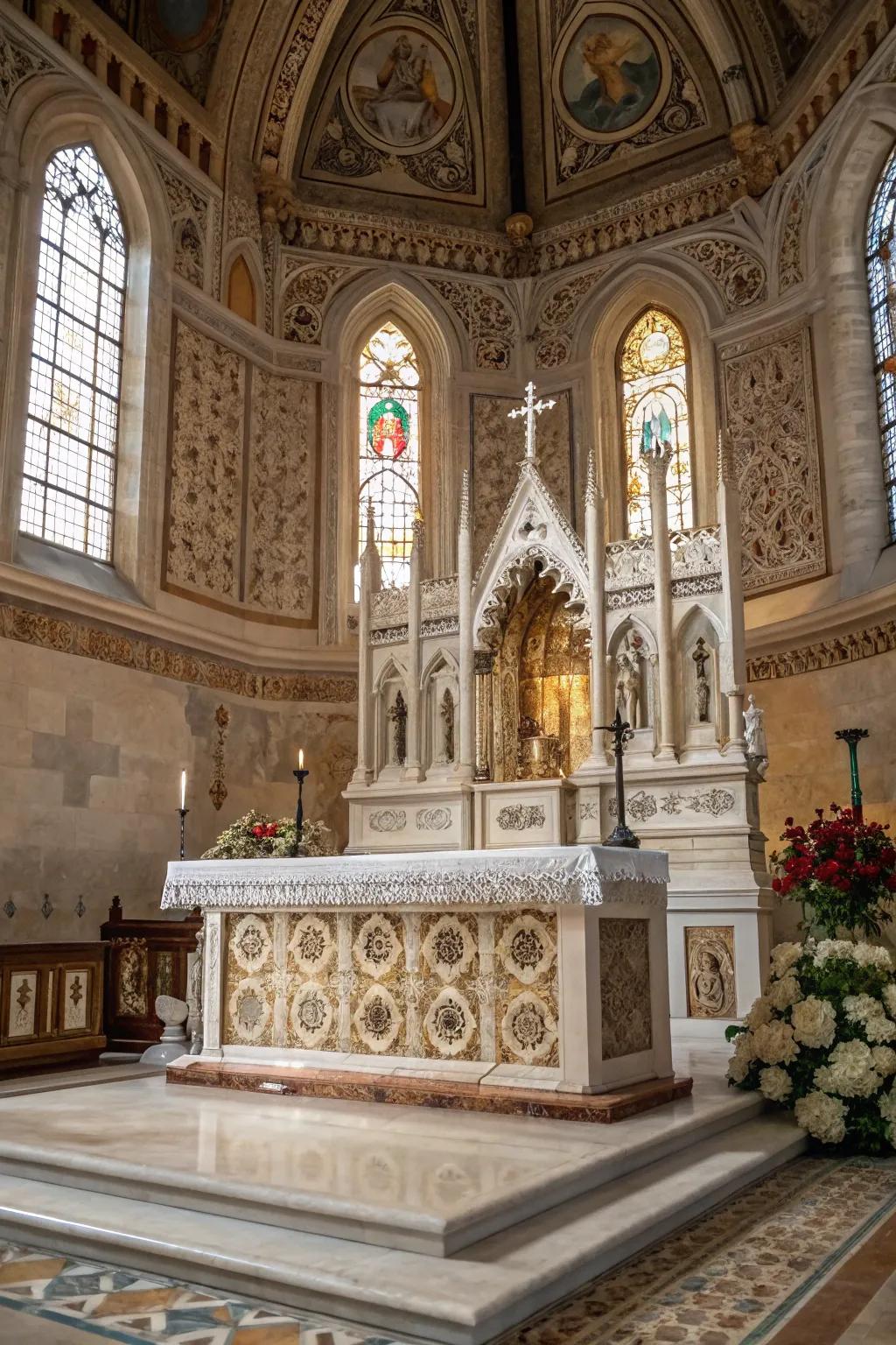 An altar ornamented with intricate marble details, which contributes timeless elegance.