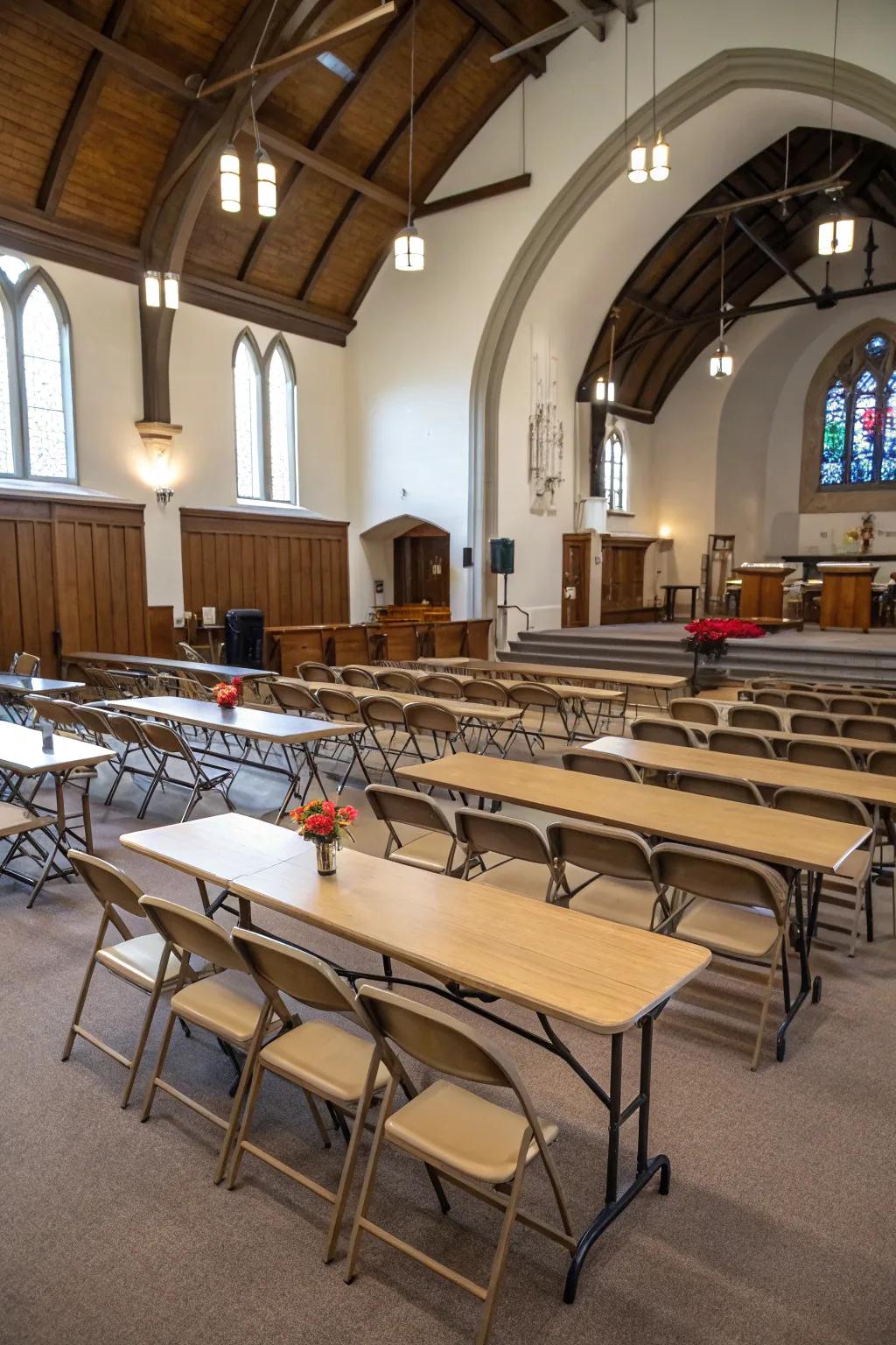 Church interior with adaptable accommodation layouts.