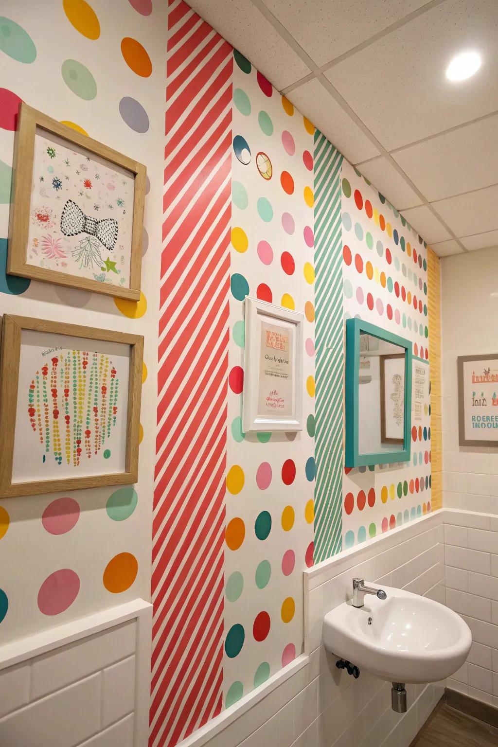 A bathroom wall enlivened with lively patterned art adding cheer and energy.