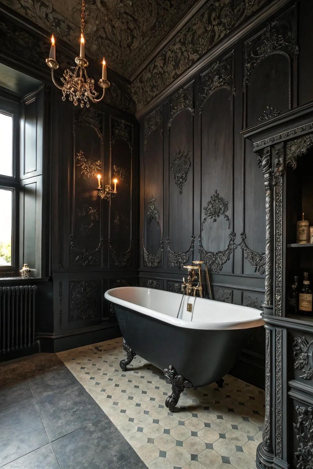 A gothic bathroom where mystery and dark elegance blend seamlessly.