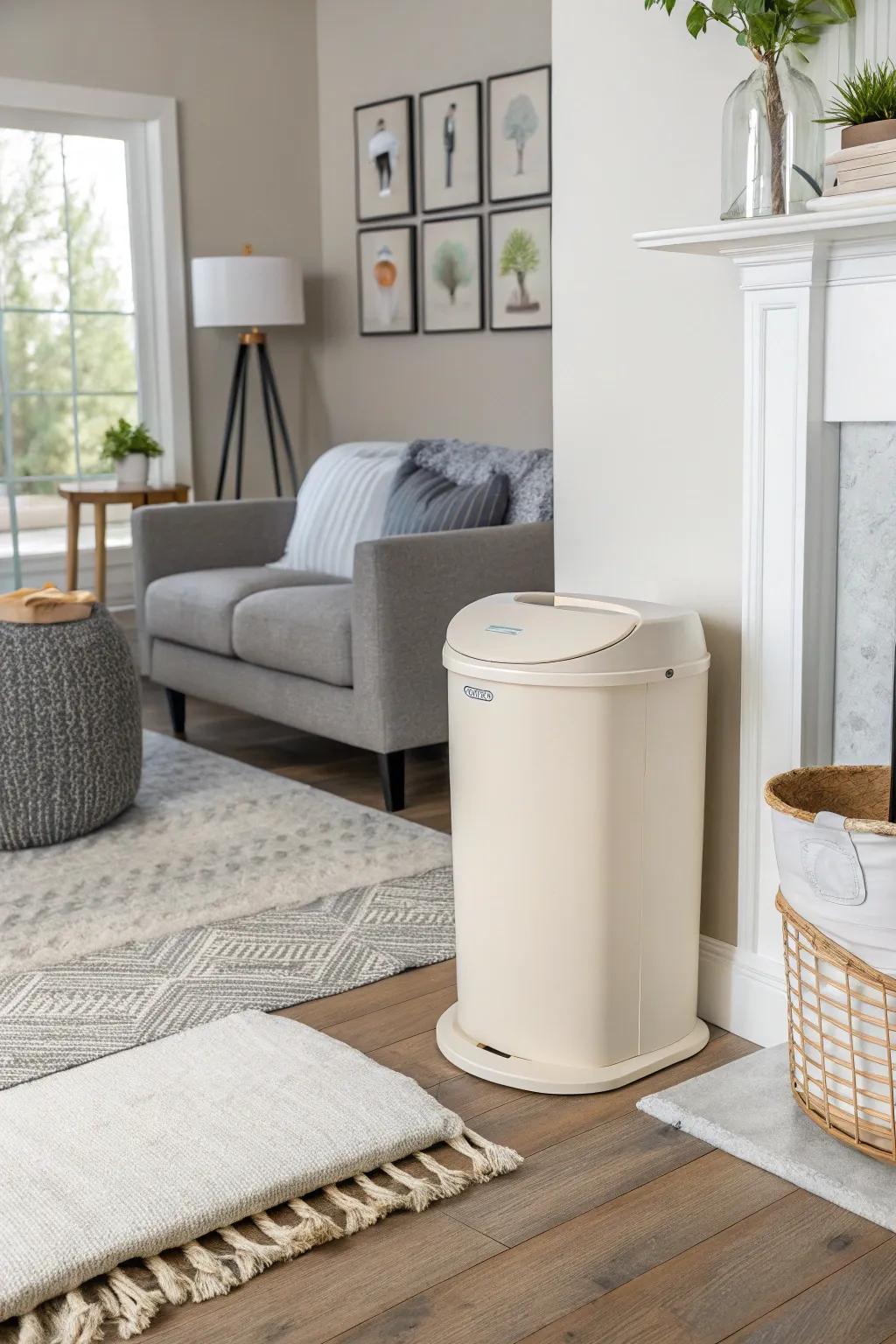 A well-integrated nappy container complements the contemporary décor of a residence.