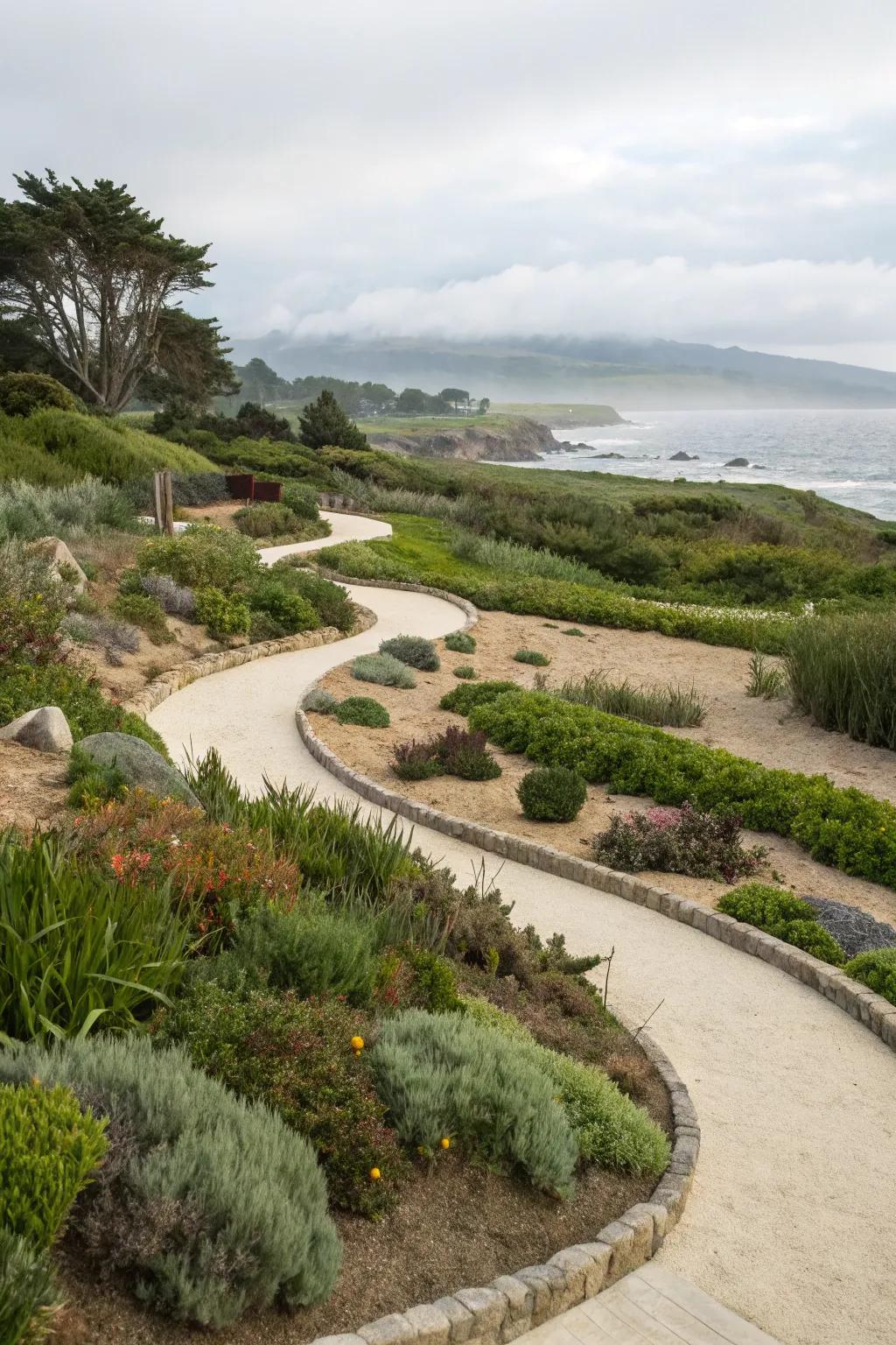 Natural curves create a smooth flow in coastal gardens.
