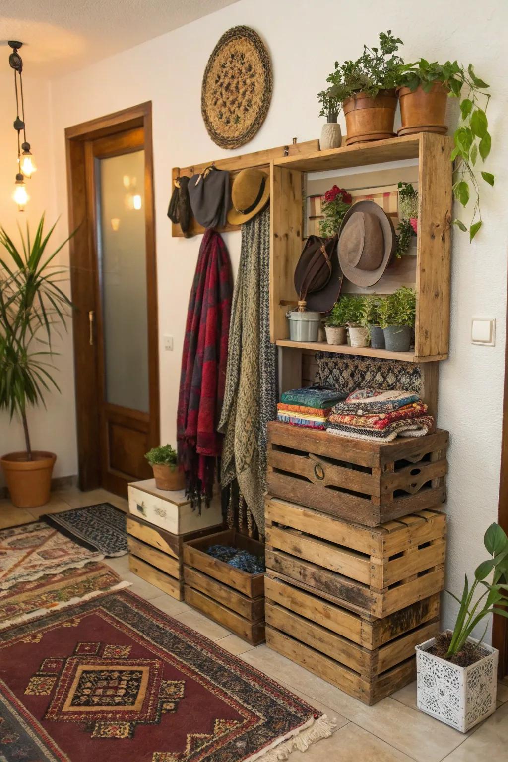 Vintage crates repurposed into a distinctive shelf and coat rack combo.