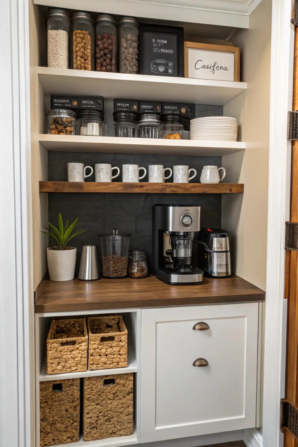 A closet creatively turned into a hidden coffee bar.
