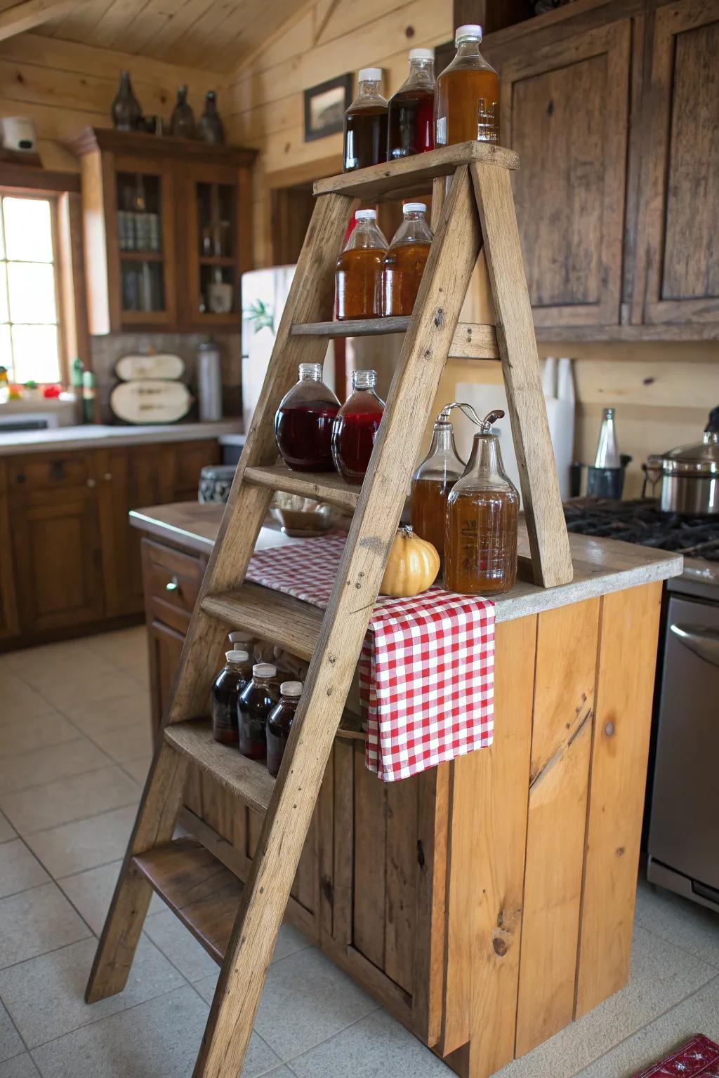 Wood ladder repurposed as a special flavoring display.
