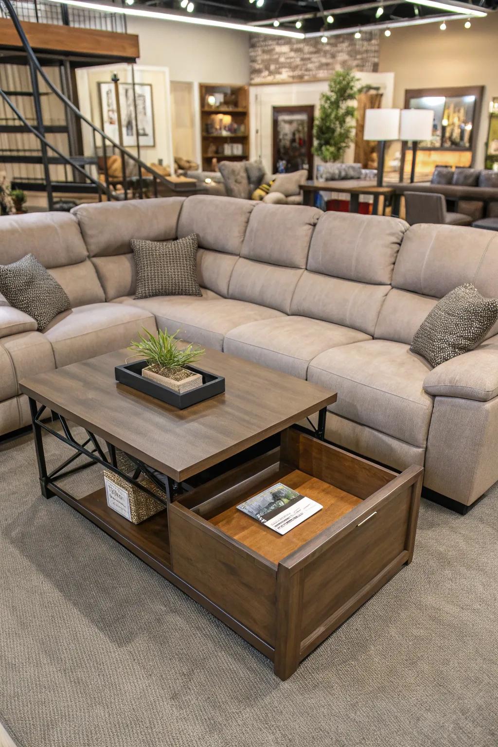 A lift-top center table seamlessly combines storage and style.